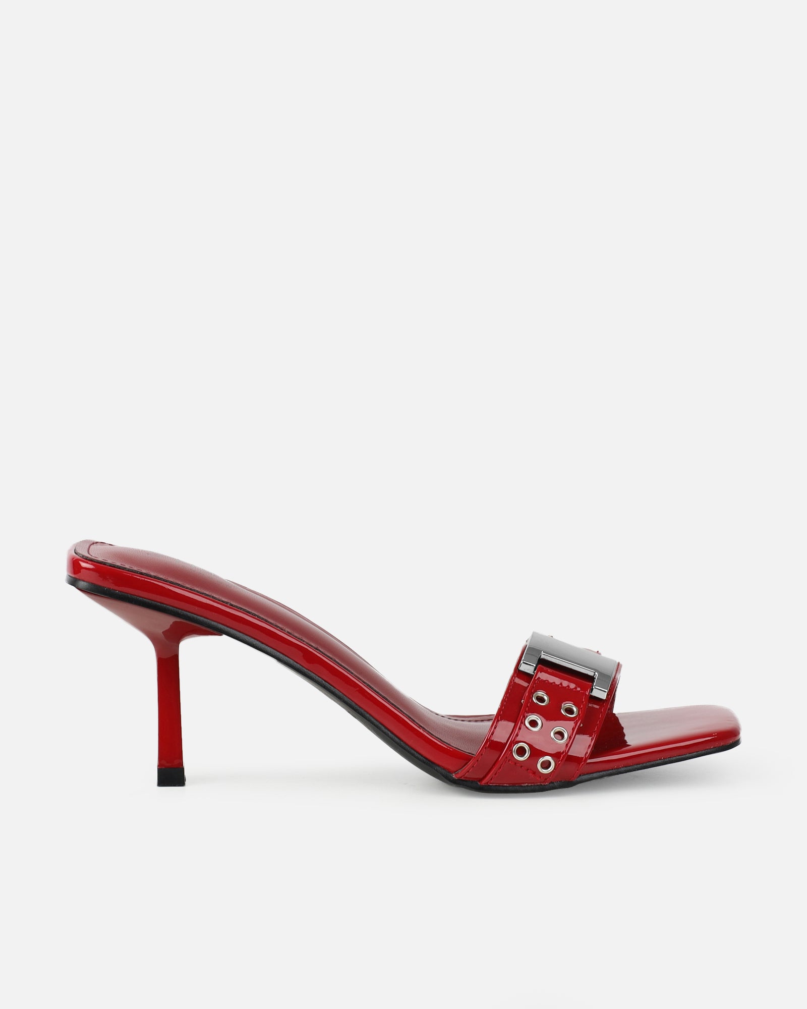 Bexley Dark Red Strap Detail Heeled Mules | SIMMI London