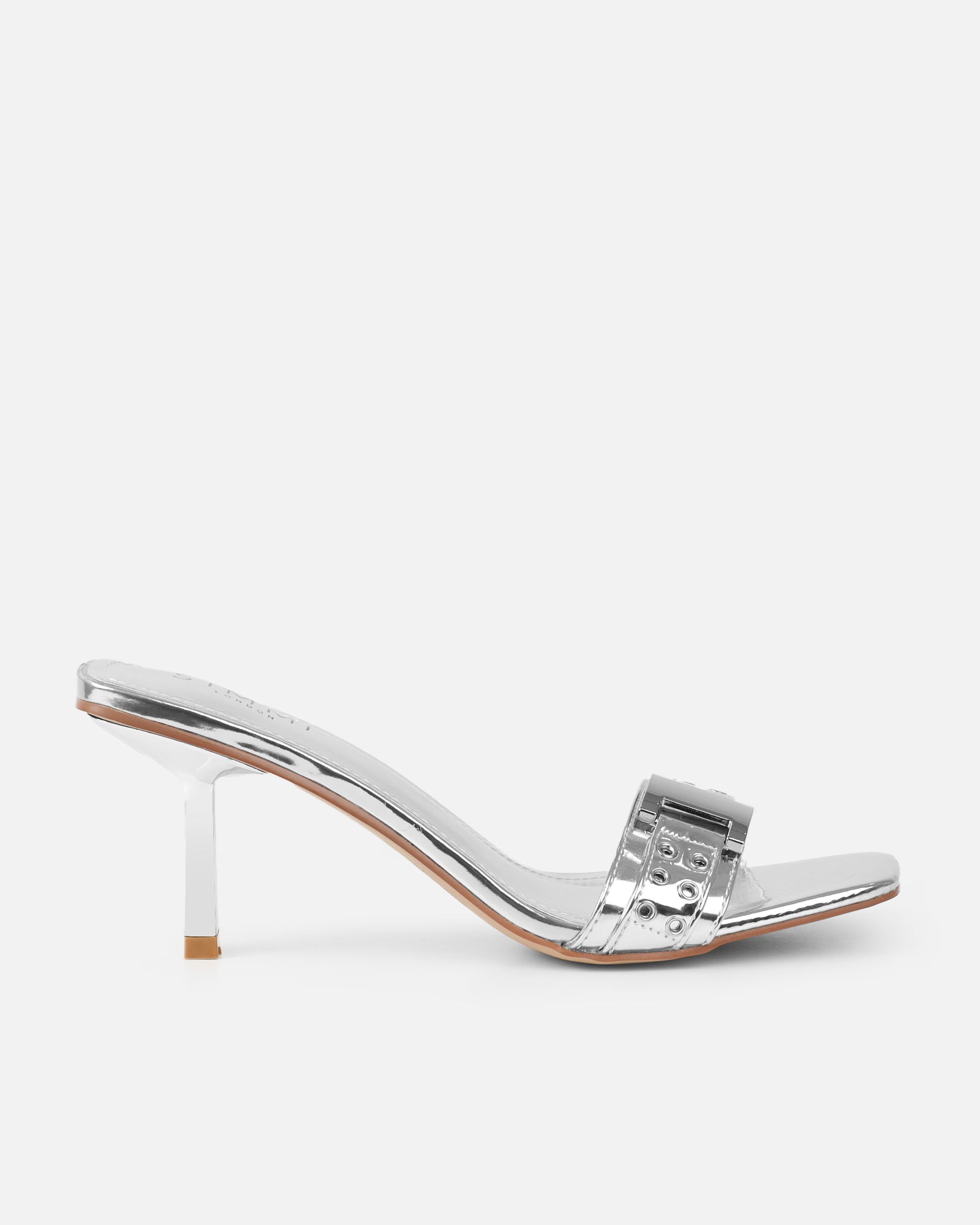 Bexley Silver Mirror Strap Detail Heeled Mules | SIMMI London
