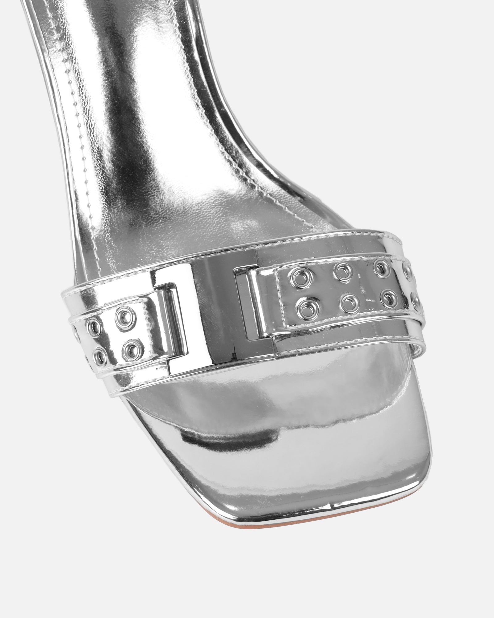 Bexley Silver Mirror Strap Detail Heeled Mules | SIMMI London