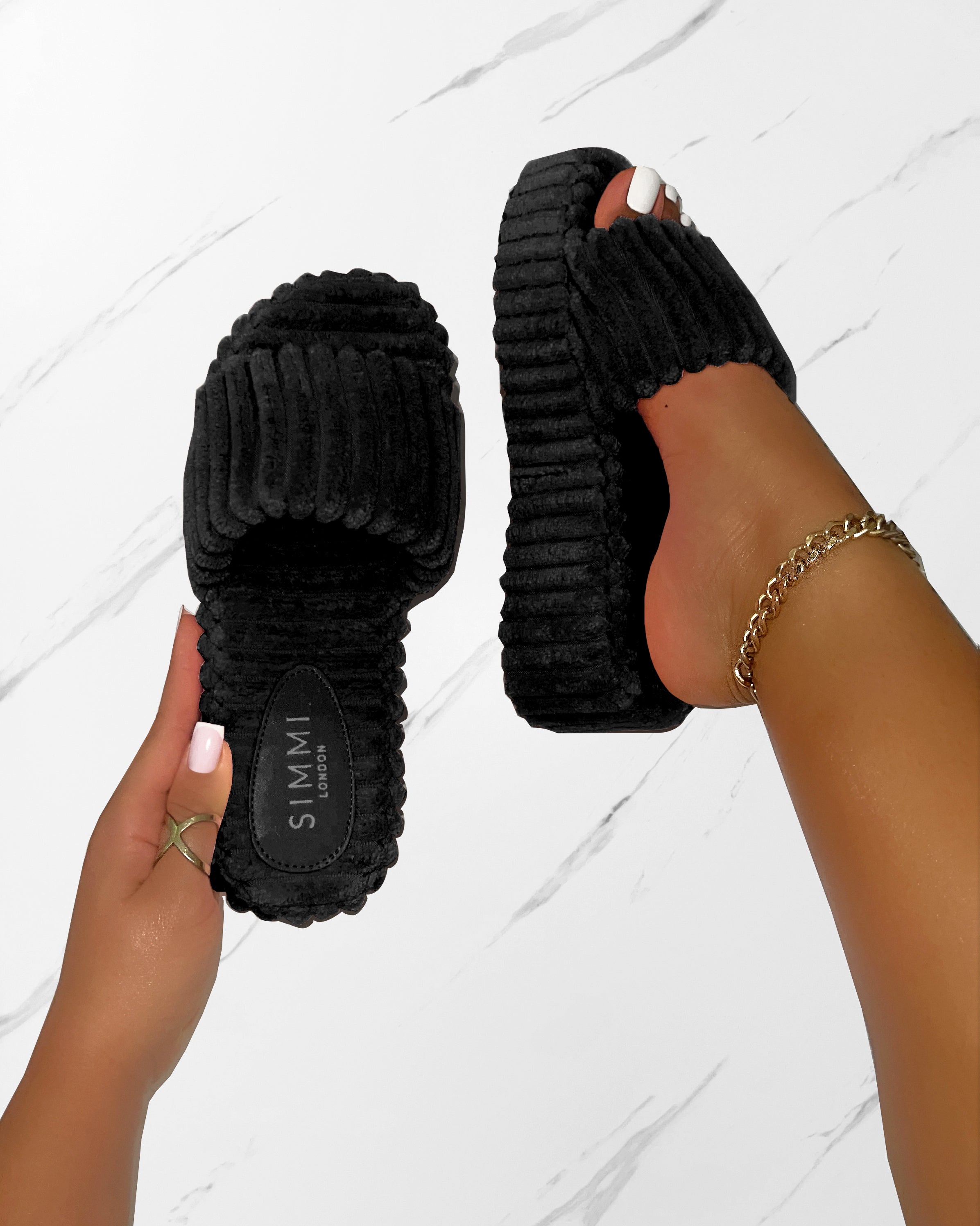 Mohala Black Towelling Flatform Slides | SIMMI London