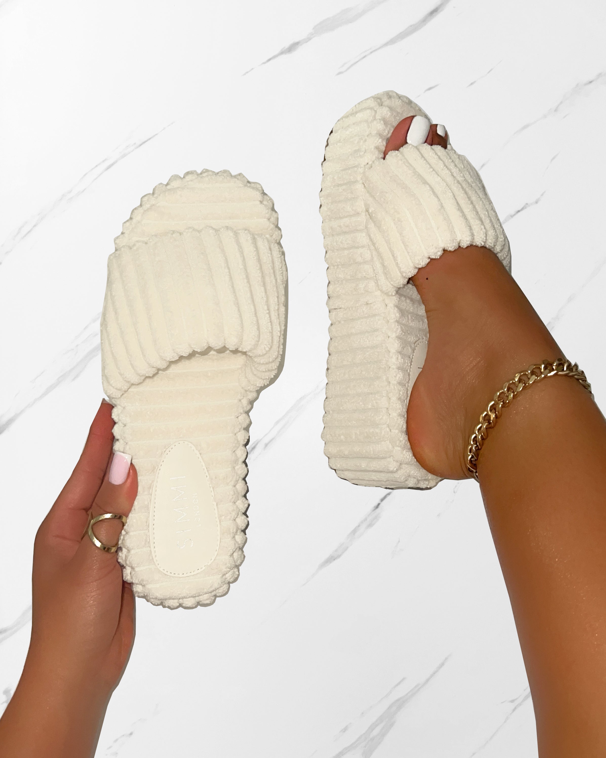 Mohala Off White Towelling Flatform Slides | SIMMI London
