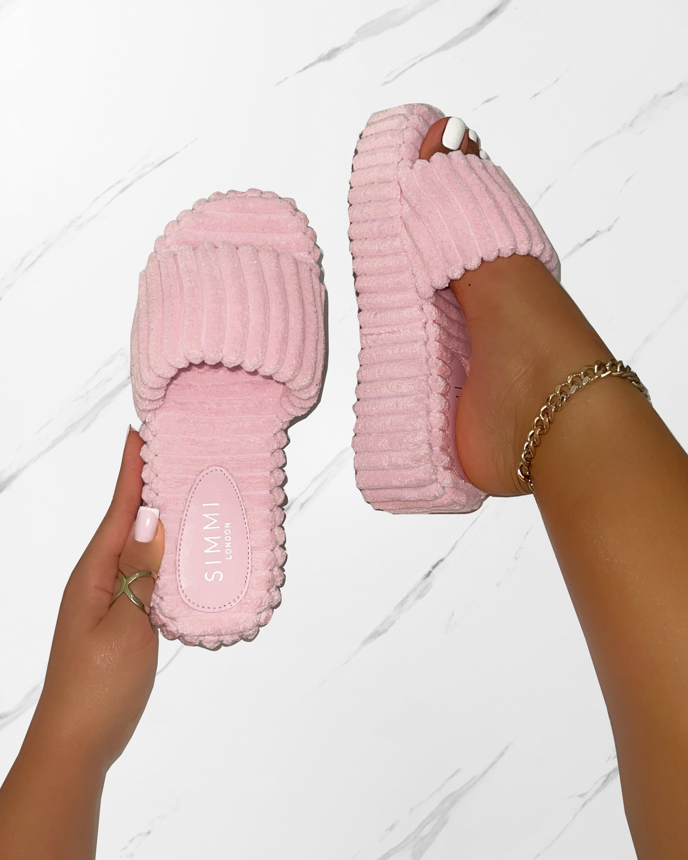 Mohala Baby Pink Towelling Flatform Slides | SIMMI London