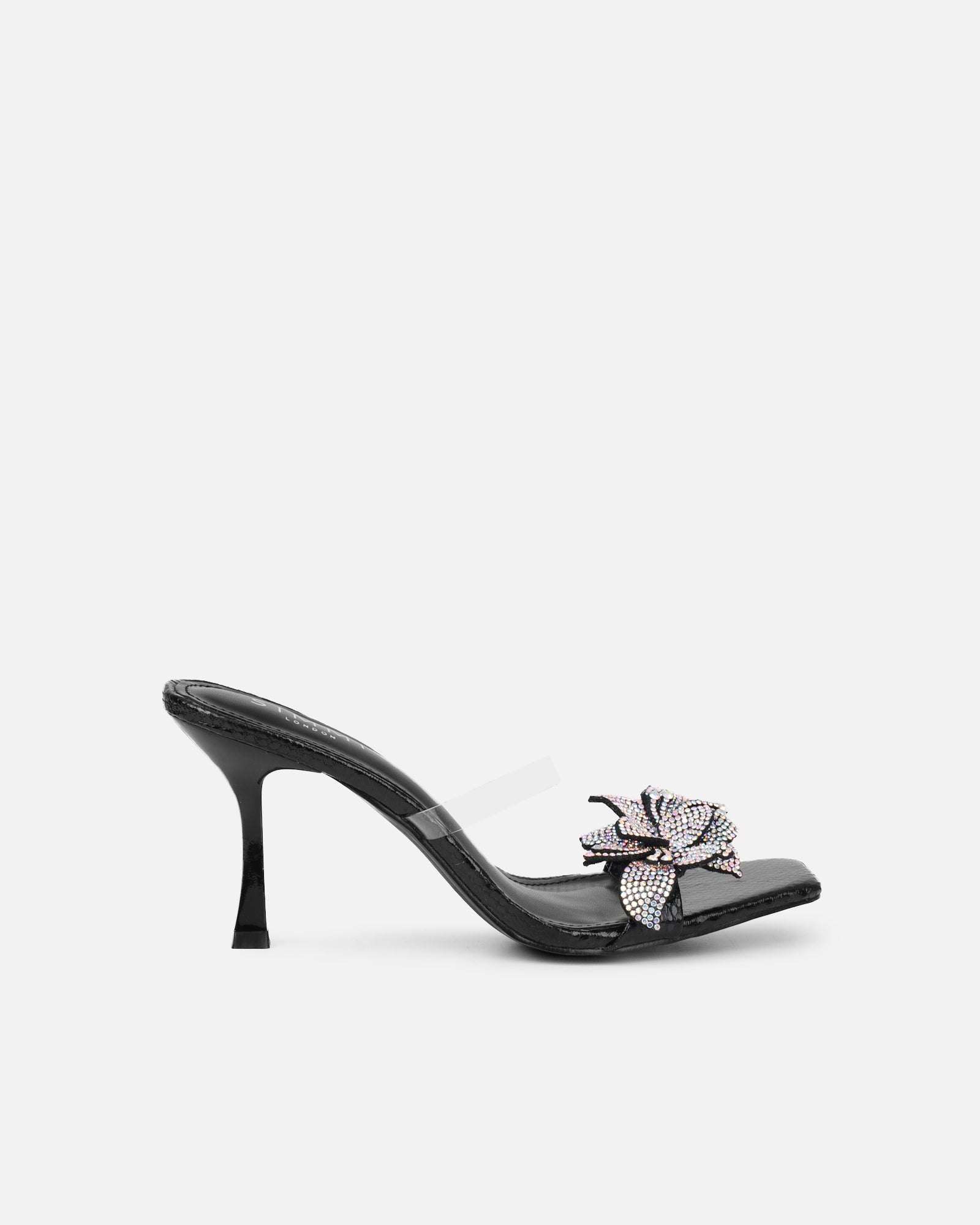 Marcella black snake effect flower detail mid heeled sandals | SIMMI London