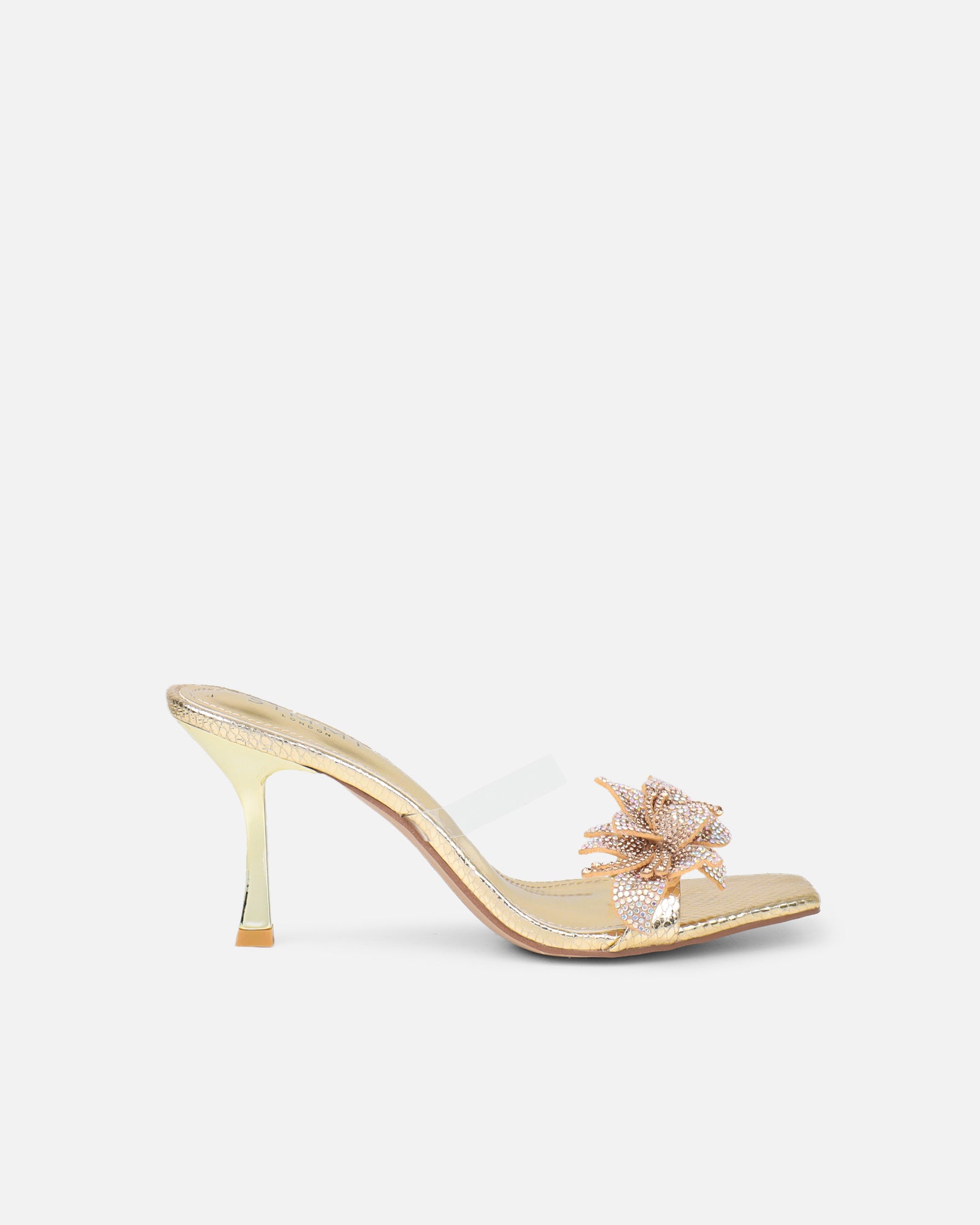 Marcella gold snake effect flower detail mid heeled sandals | SIMMI London