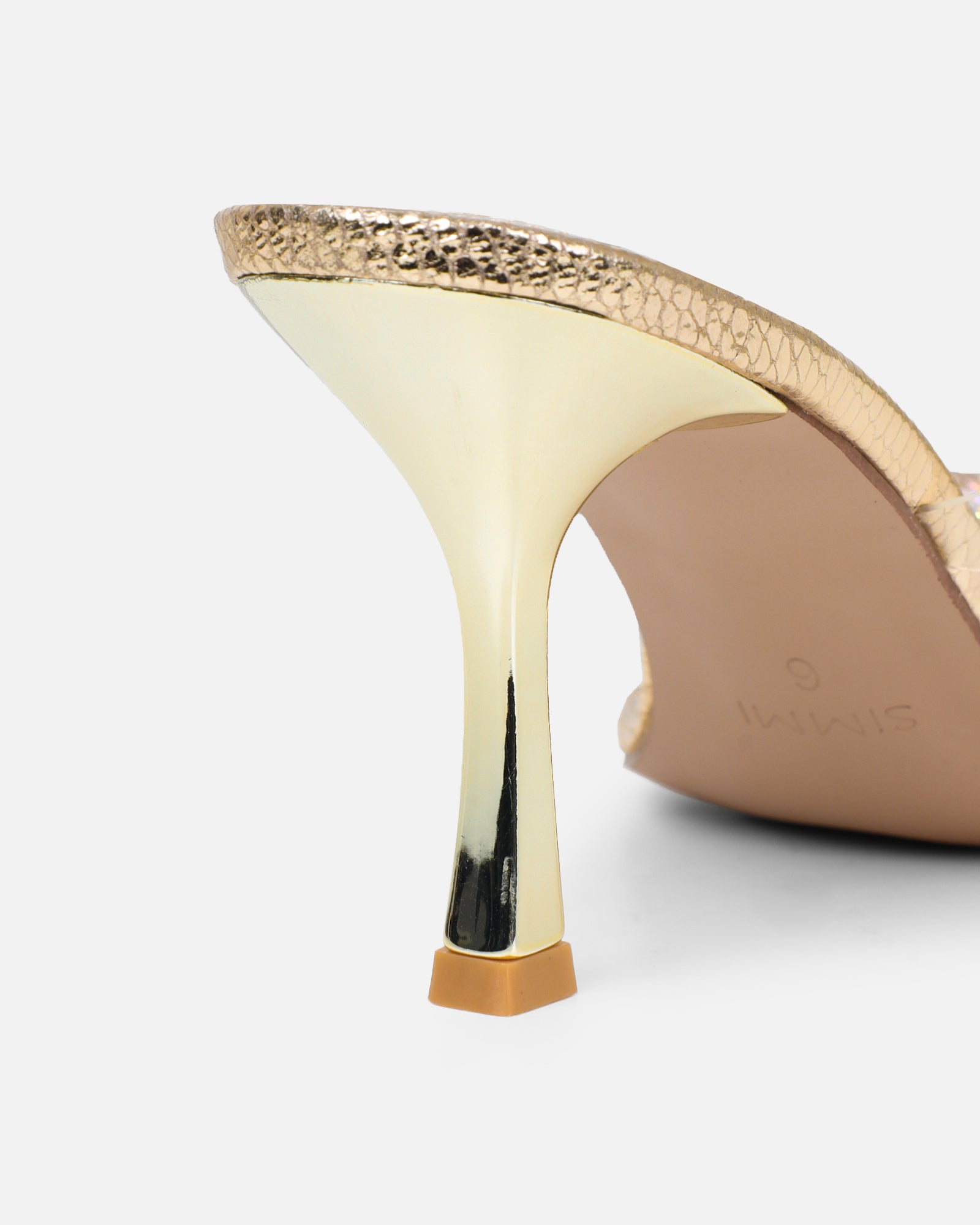 Marcella gold snake effect flower detail mid heeled sandals | SIMMI London