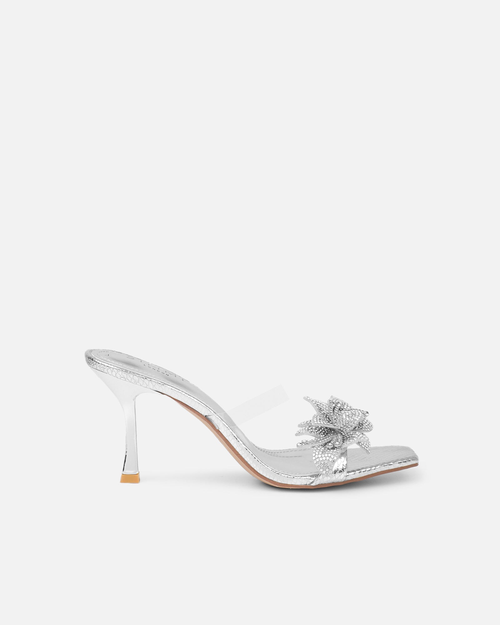 Marcella silver snake effect flower detail mid heeled sandals | SIMMI London