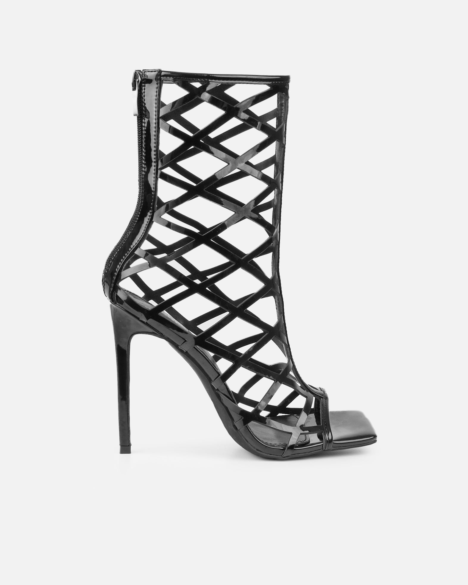 Elsie black patent laser cut heeled sandals | SIMMI London