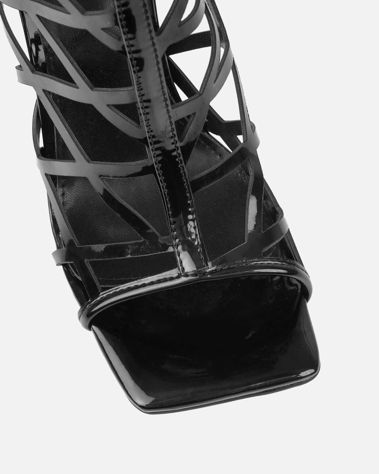Elsie black patent laser cut heeled sandals | SIMMI London