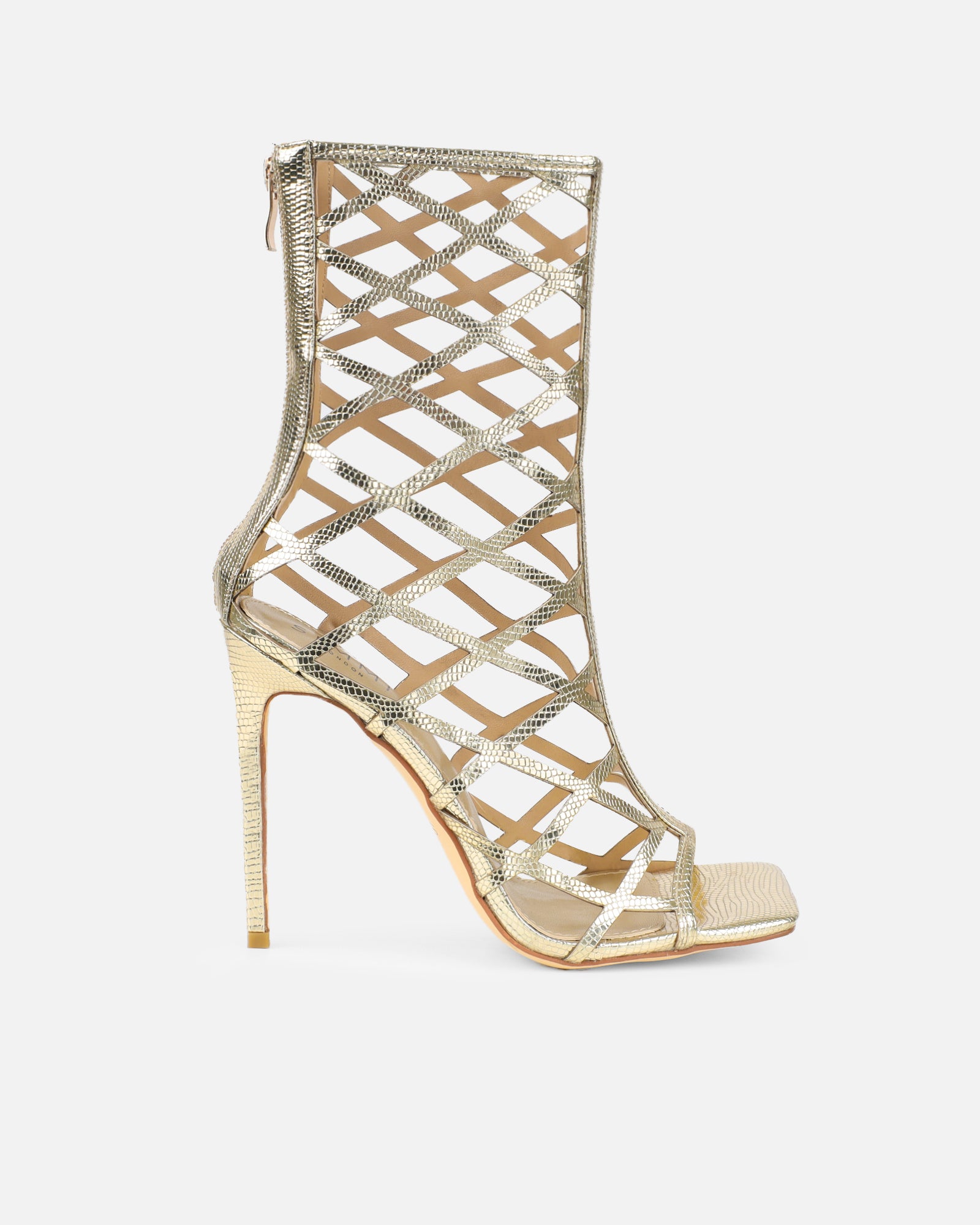 Elsie Gold Patent Laser Cut Heeled Sandals | SIMMI London
