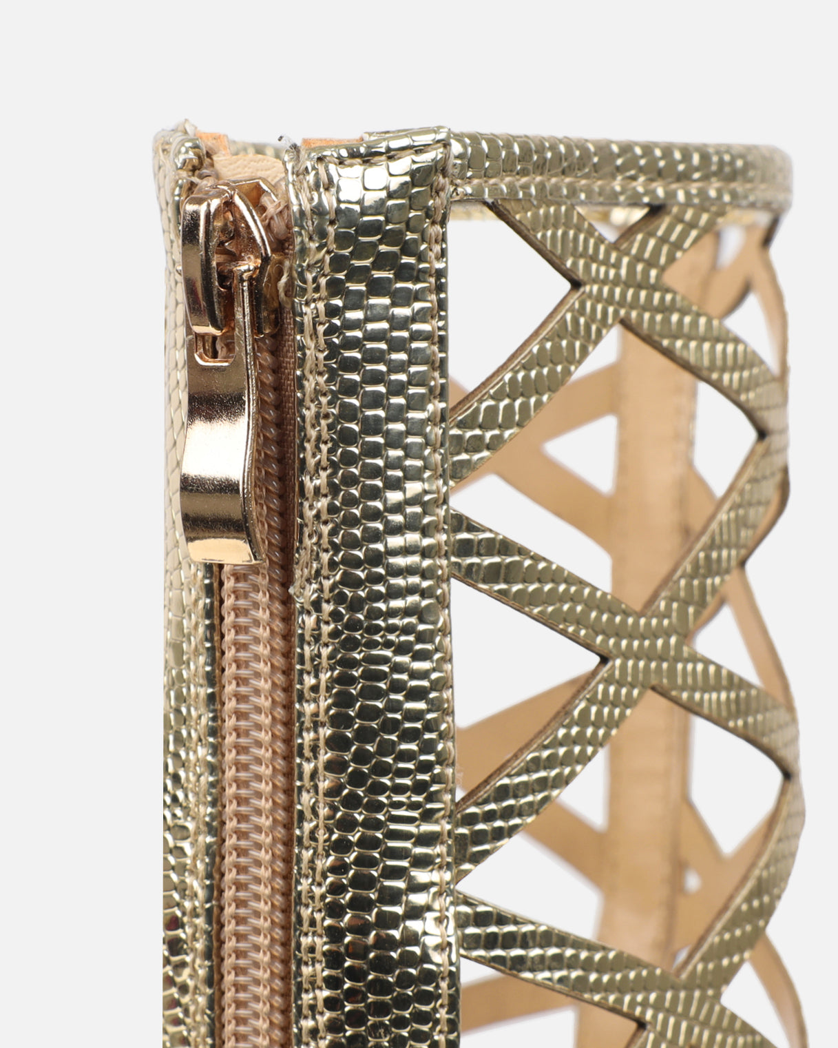 Elsie Gold Patent Laser Cut Heeled Sandals | SIMMI London