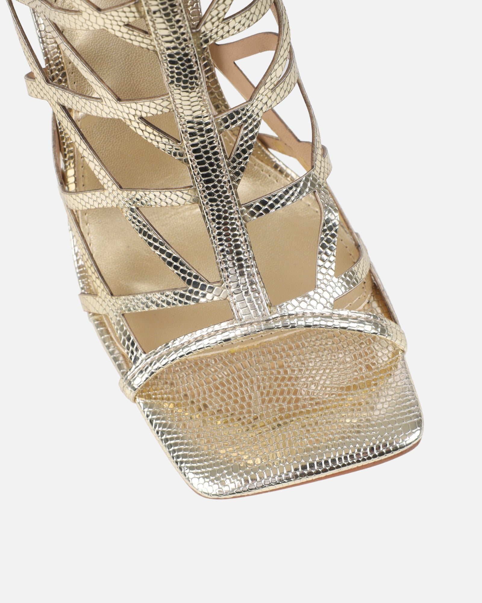 Elsie Gold Patent Laser Cut Heeled Sandals | SIMMI London