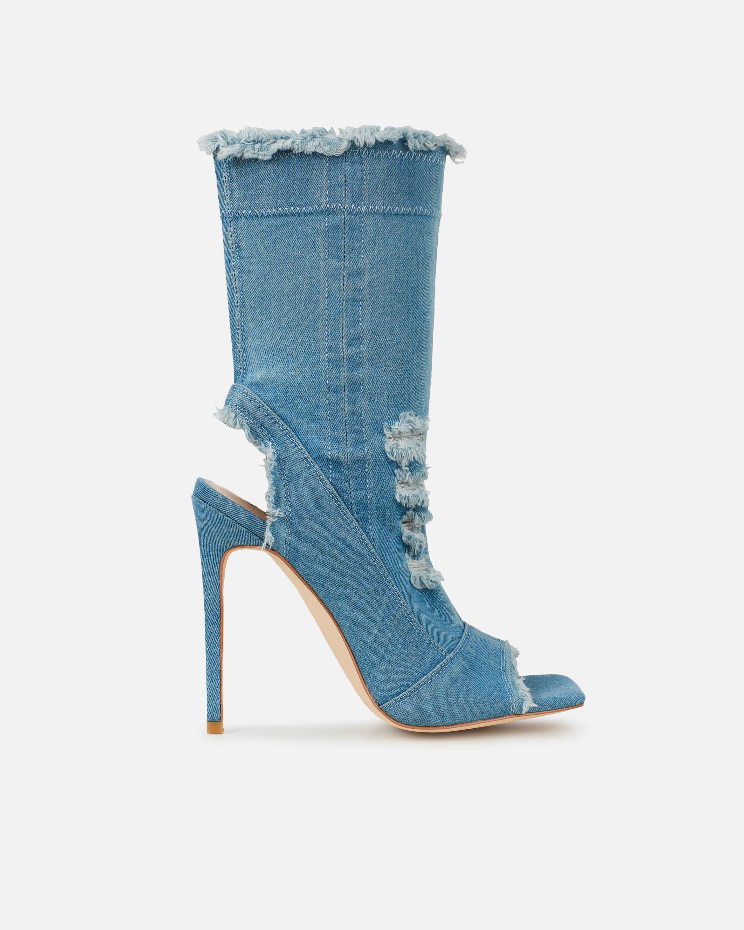 Andreas Blue Denim Open Toe Stiletto Ankle Boots | SIMMI London