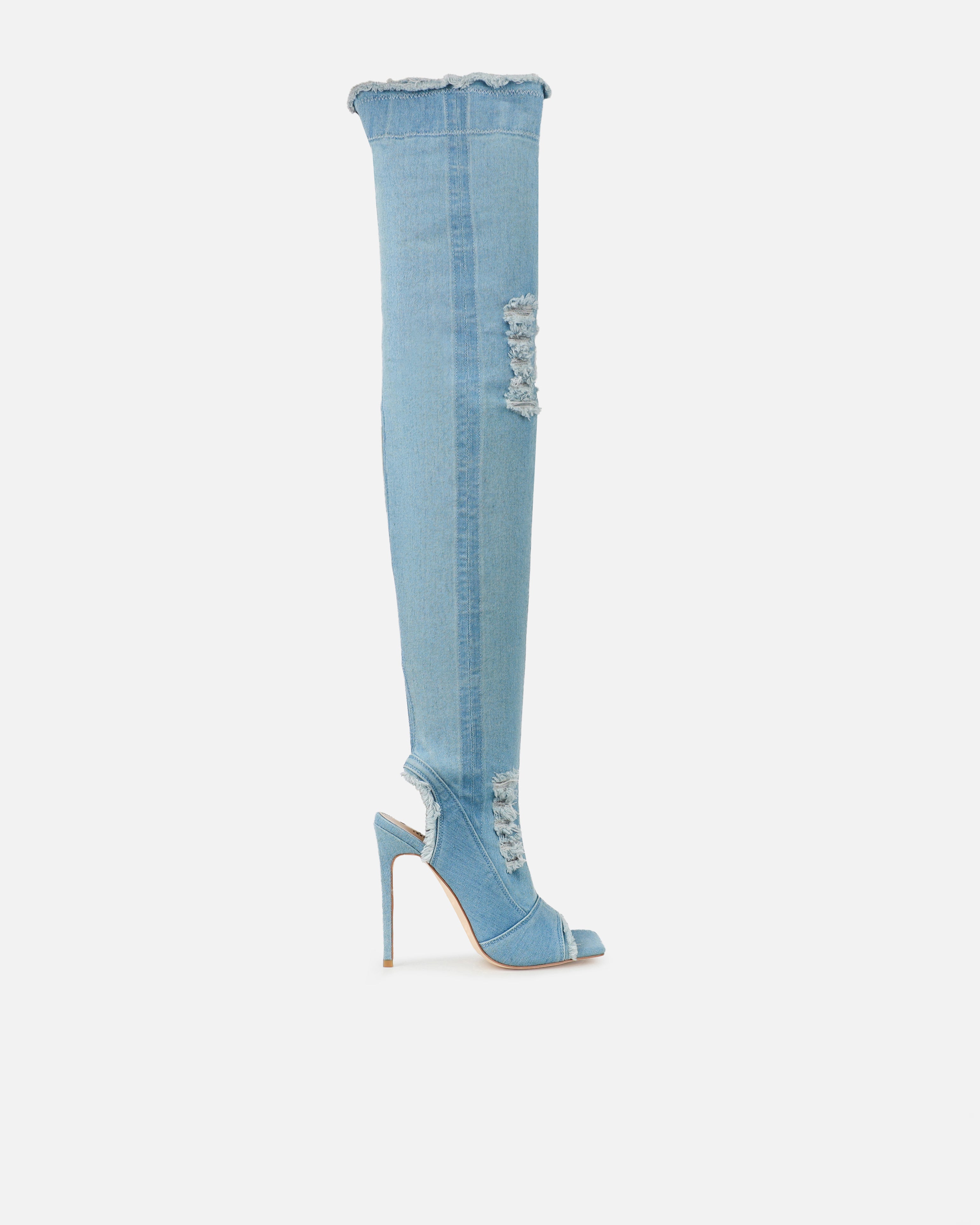 Dimitri Blue Denim Open Toe Stiletto Thigh High Boots | SIMMI London