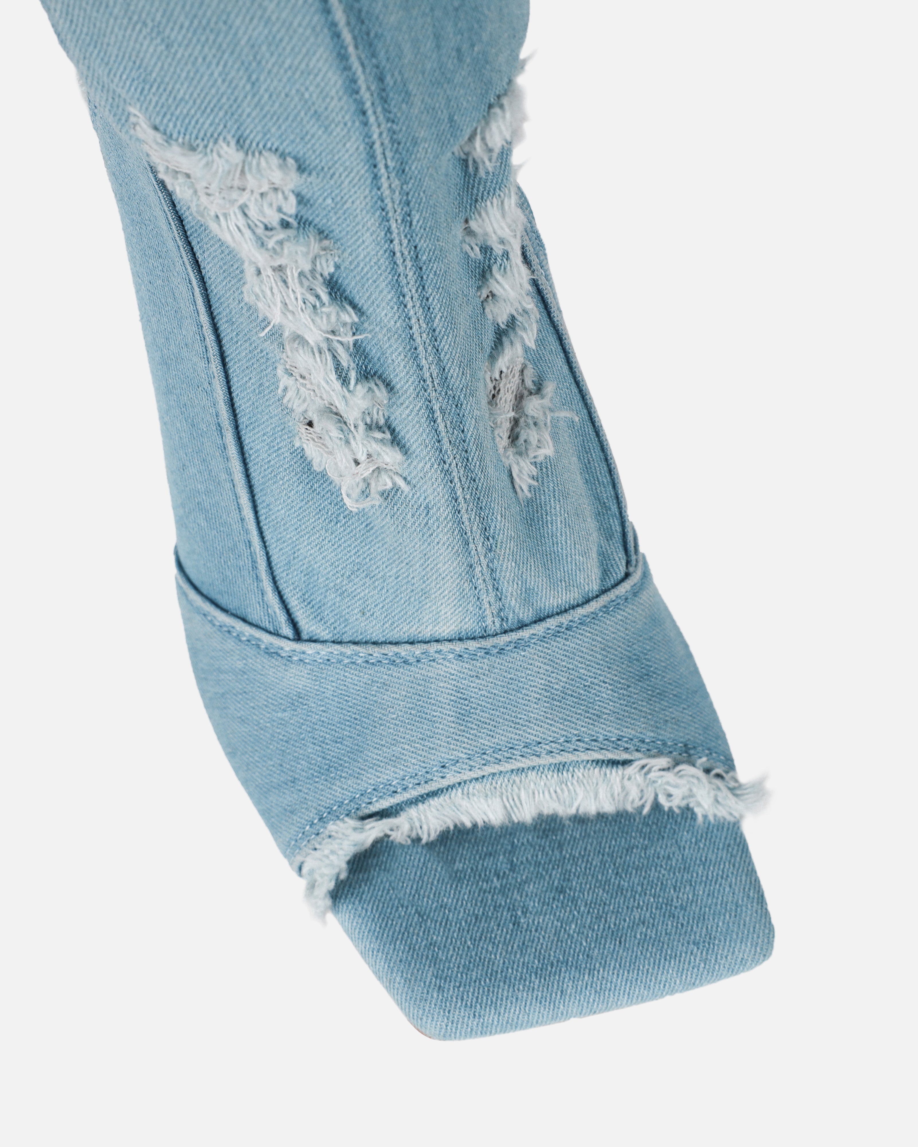 Dimitri Blue Denim Open Toe Stiletto Thigh High Boots | SIMMI London