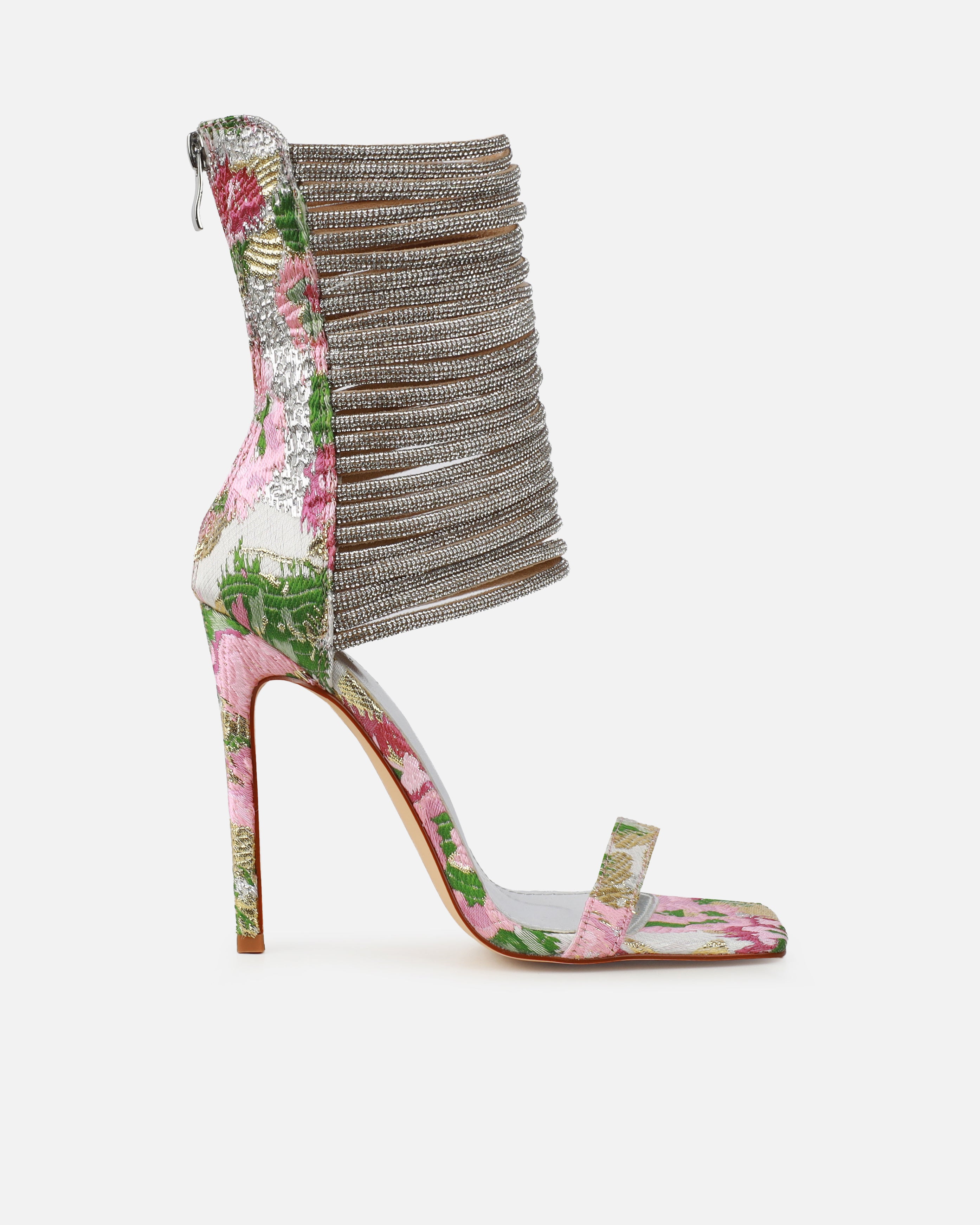 Gracie Pink Floral Jacquard Diamante Heeled Sandals | SIMMI London
