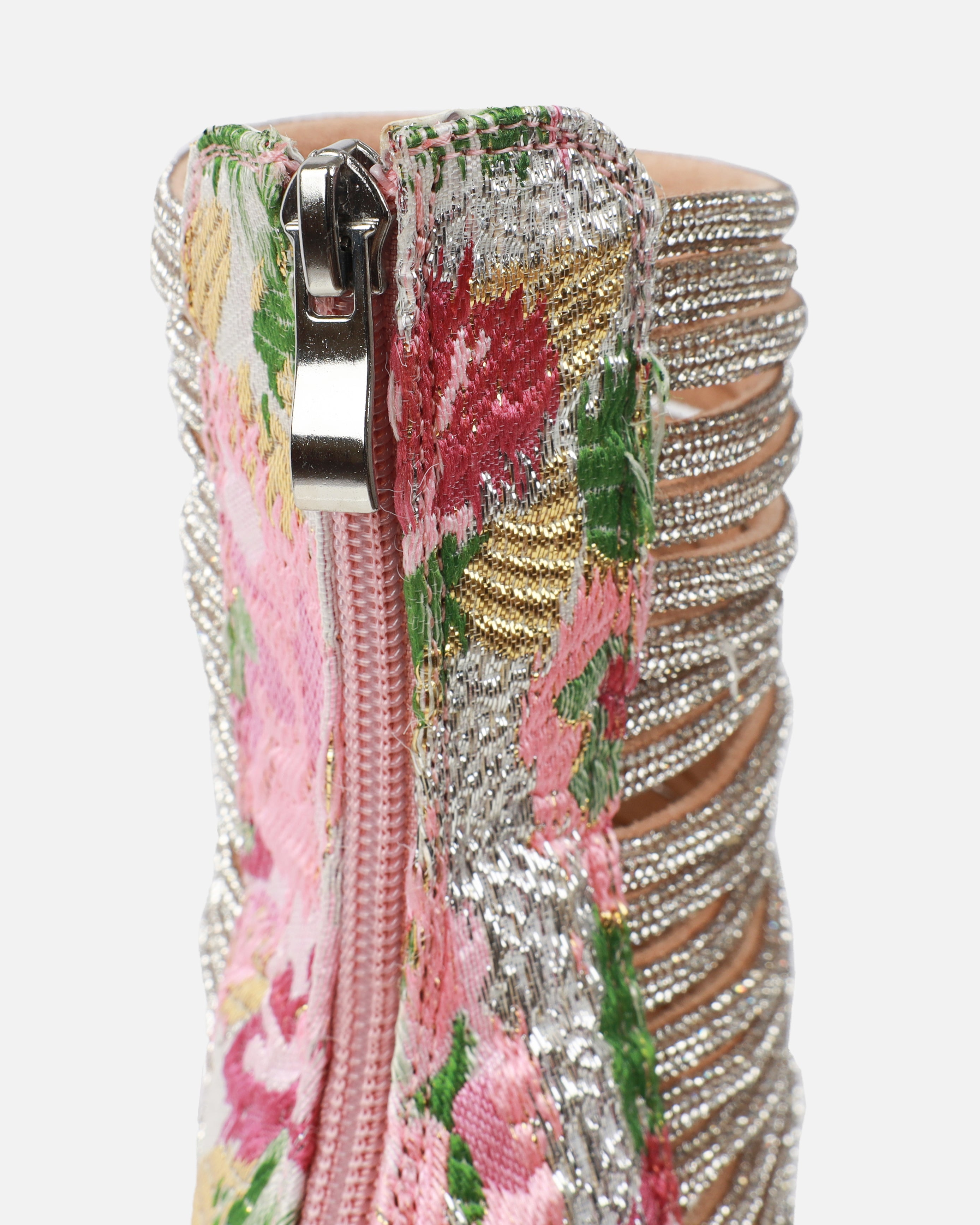 Gracie Pink Floral Jacquard Diamante Heeled Sandals | SIMMI London