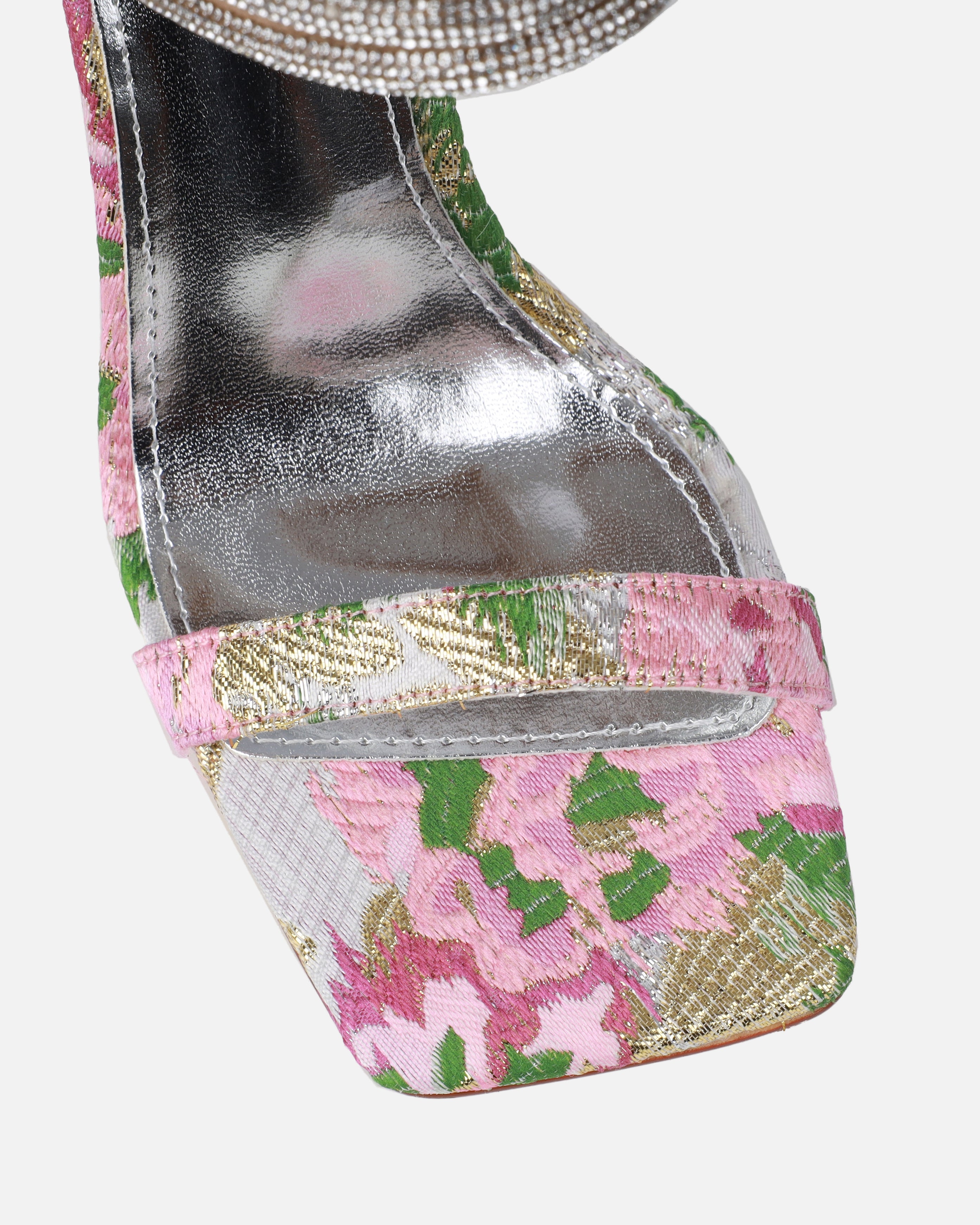 Gracie Pink Floral Jacquard Diamante Heeled Sandals | SIMMI London