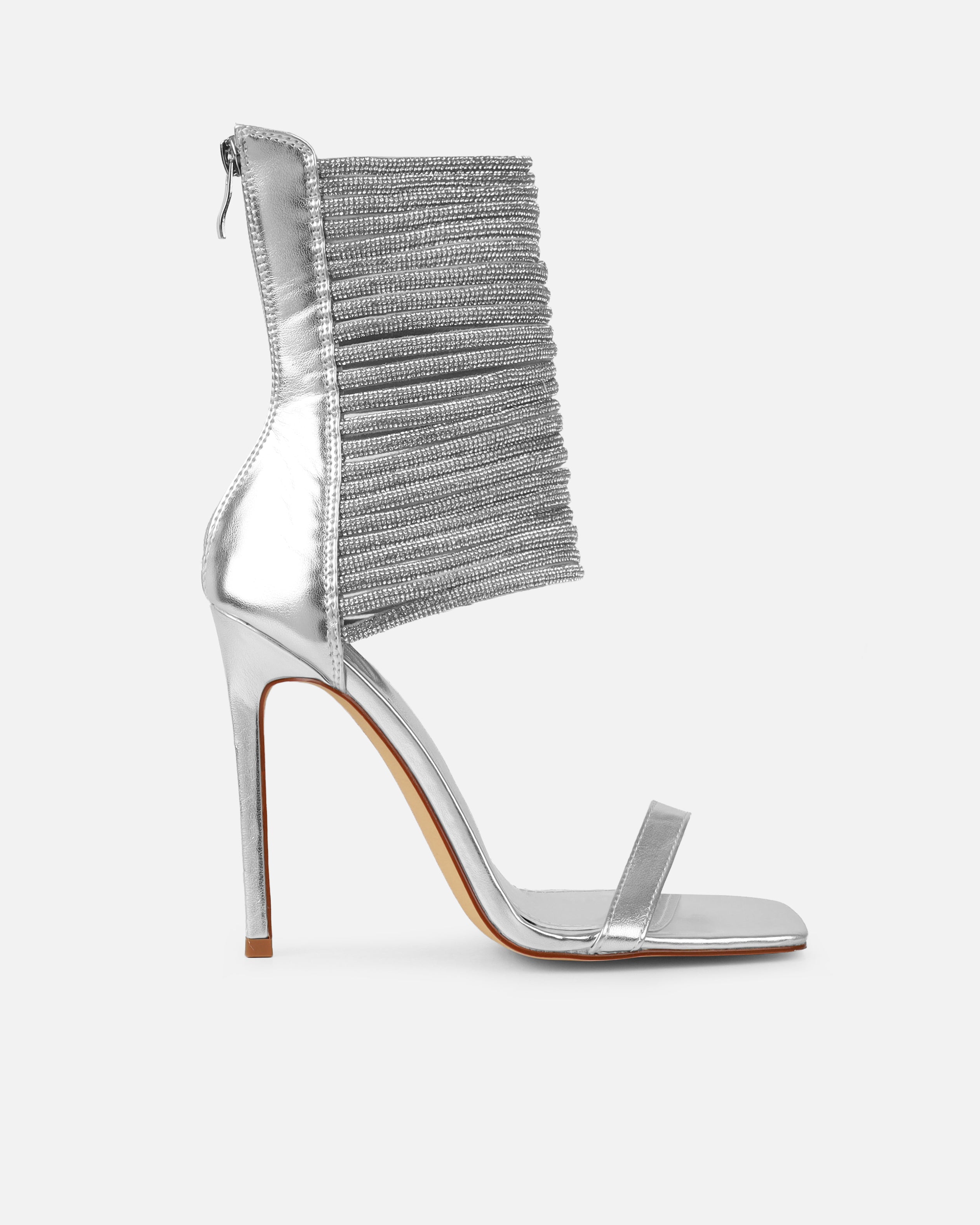 Gracie Silver Mirror Diamante Strappy Heeled Sandals | SIMMI London