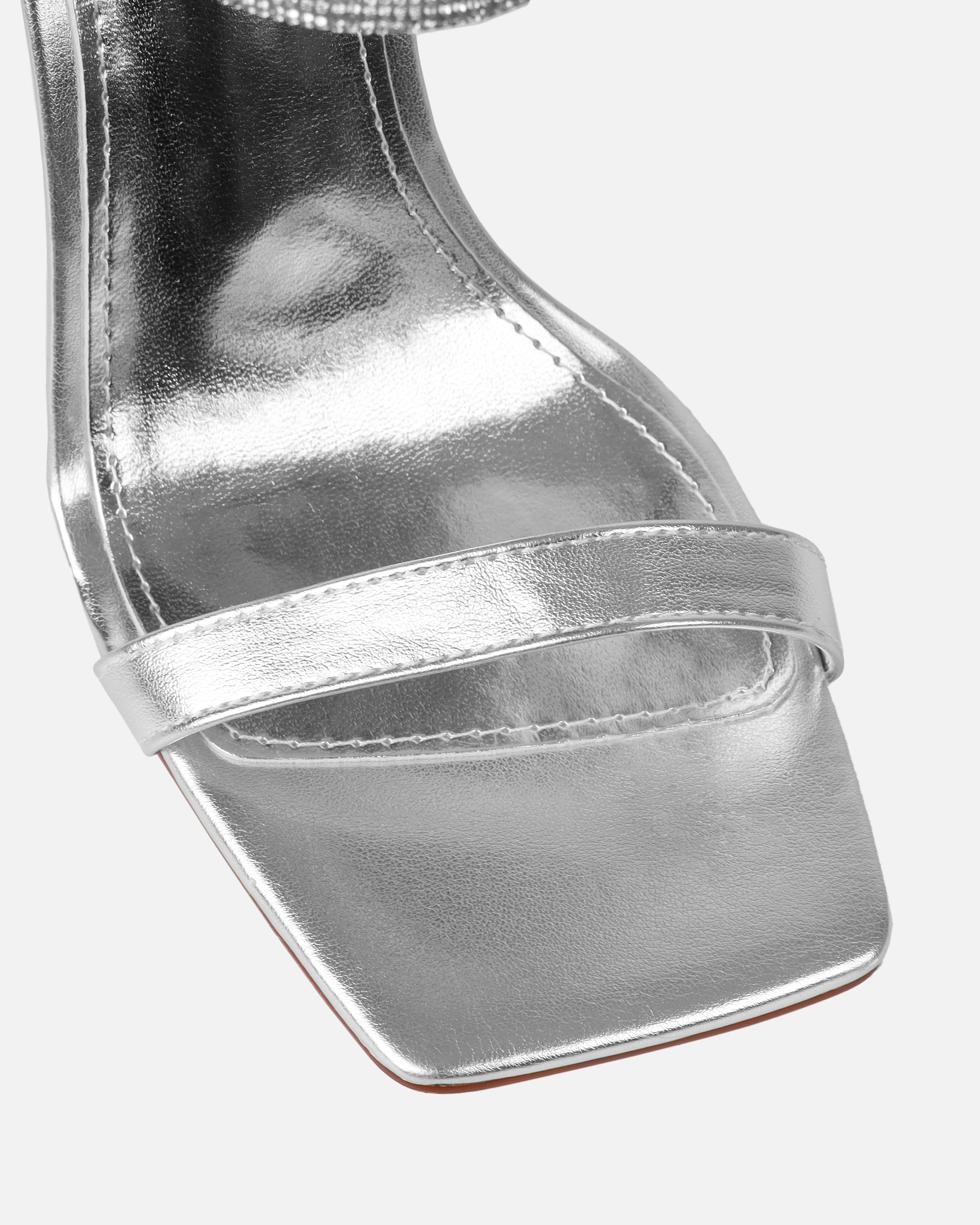 Gracie Silver Mirror Diamante Strappy Heeled Sandals | SIMMI London