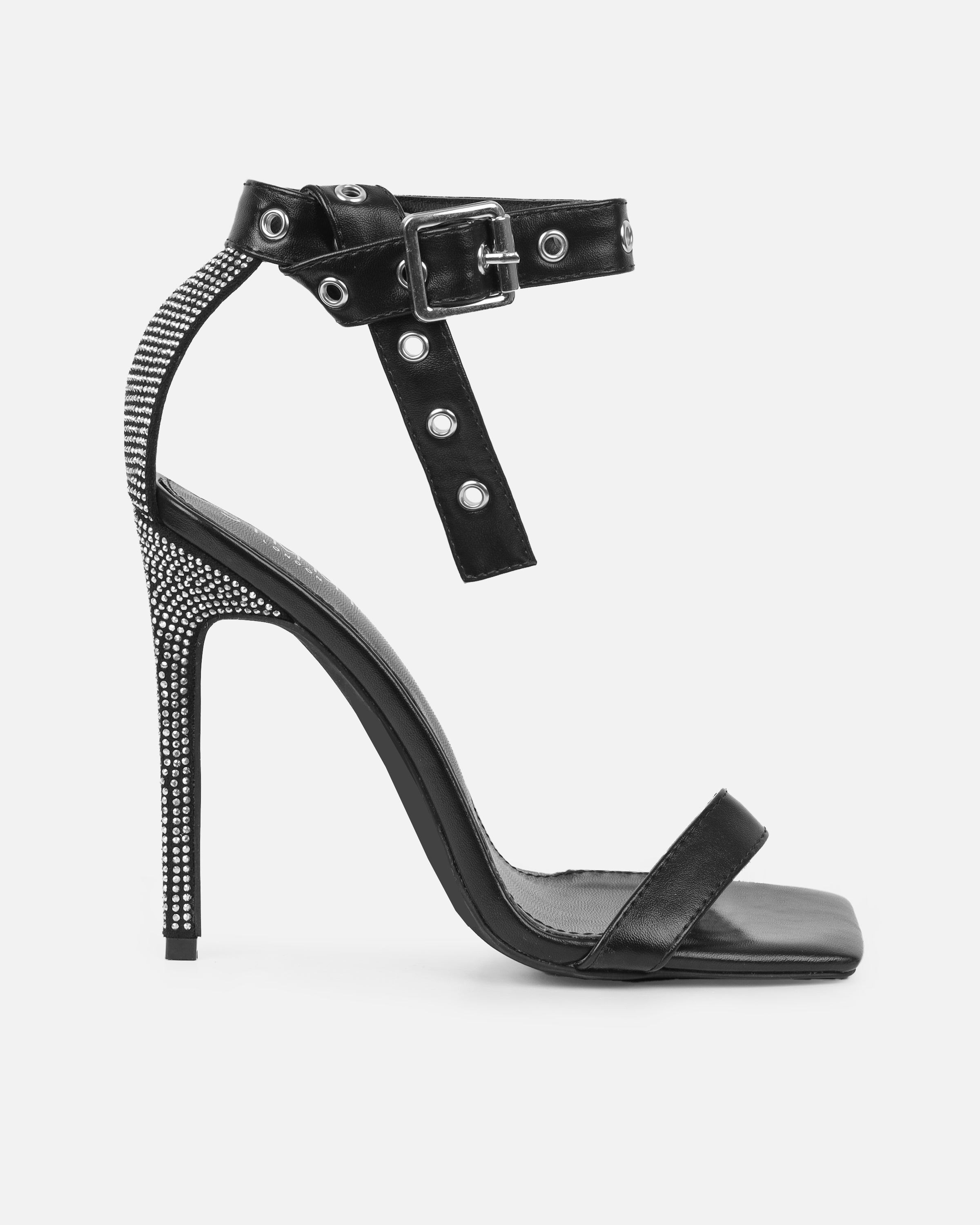 Rivka Black Diamante Buckle Detail Heeled Sandals | SIMMI London