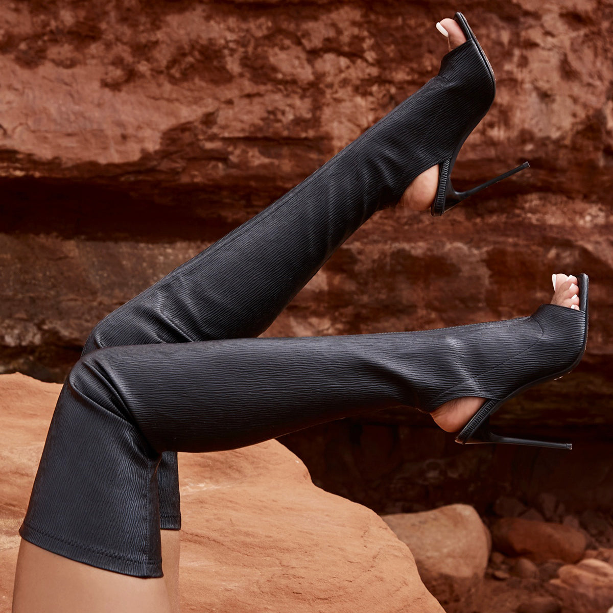 Myra Black Textured Zip Front Peep Toe Thigh High Boots | SIMMI London