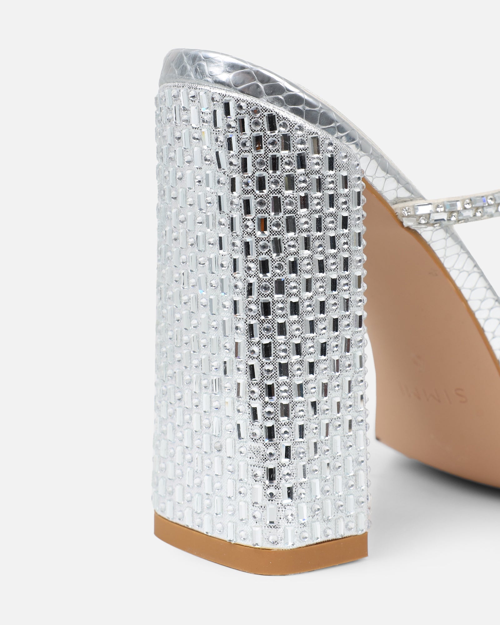 Kaana Silver Snake Effect Diamante Block Heel Sandals | SIMMI London