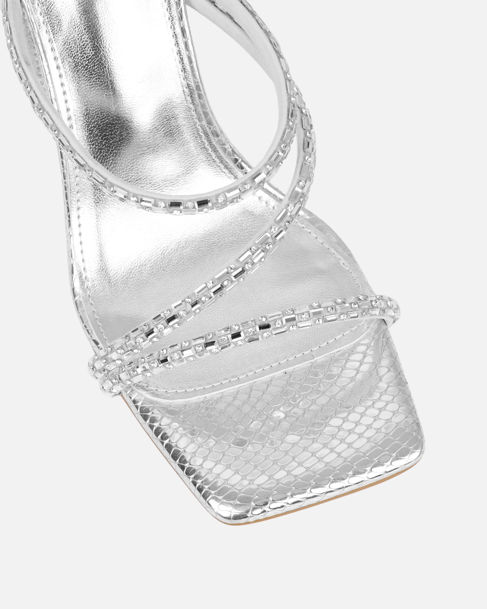 Kaana Silver Snake Effect Diamante Block Heel Sandals | SIMMI London