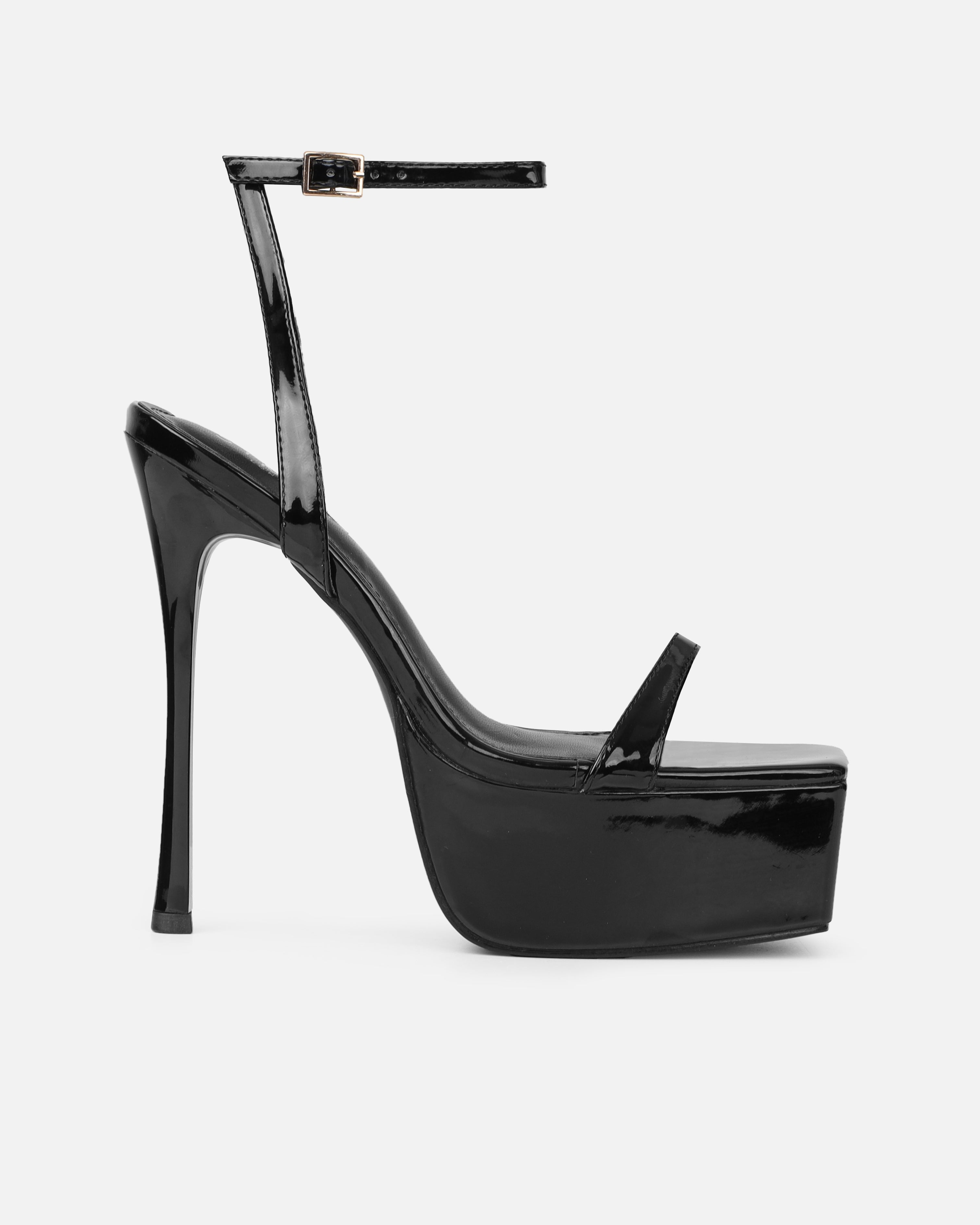 Nalai Black Patent Platform Heeled Sandals | SIMMI London