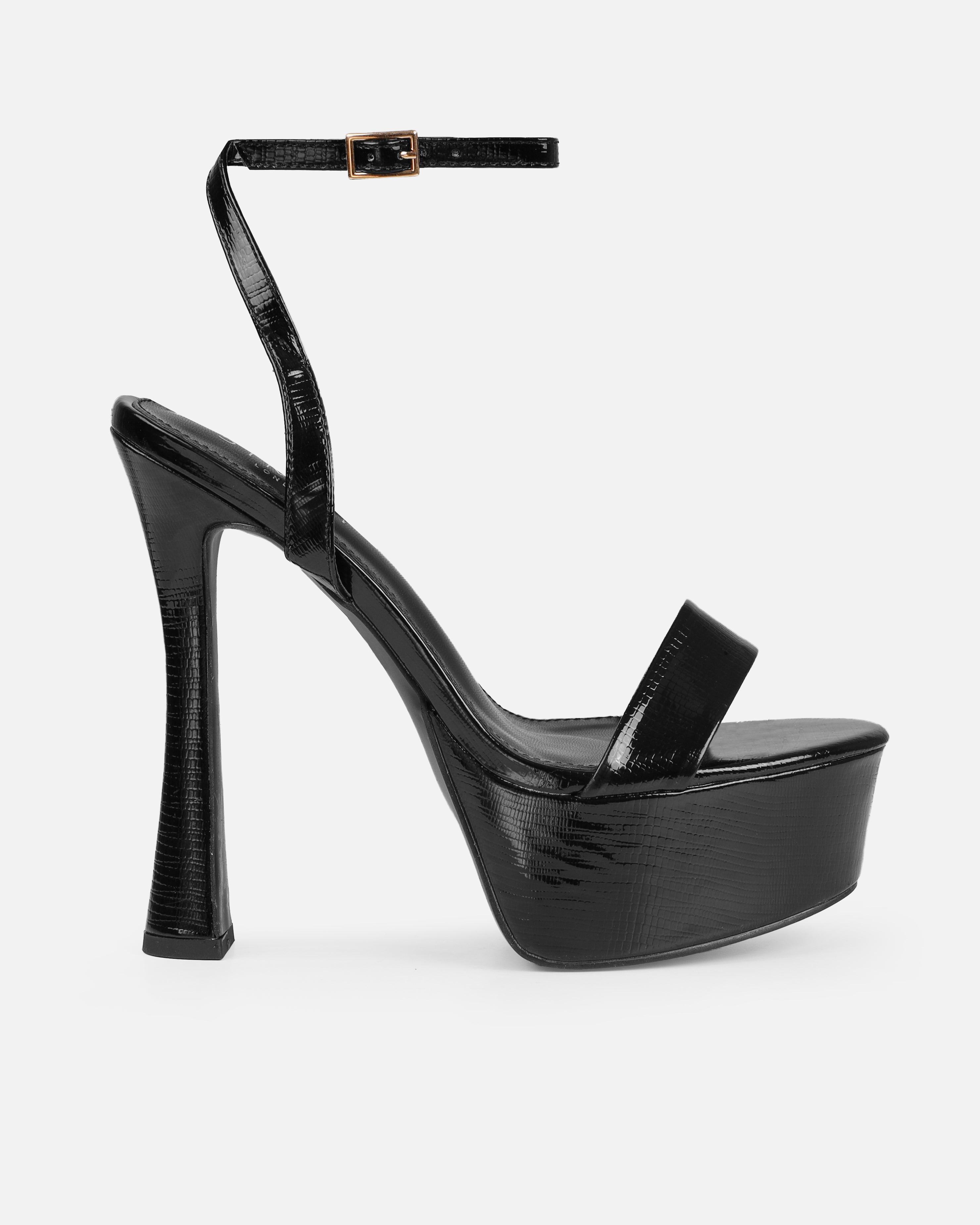 Nalini Black Faux Lizard Print Platform Heels | SIMMI London