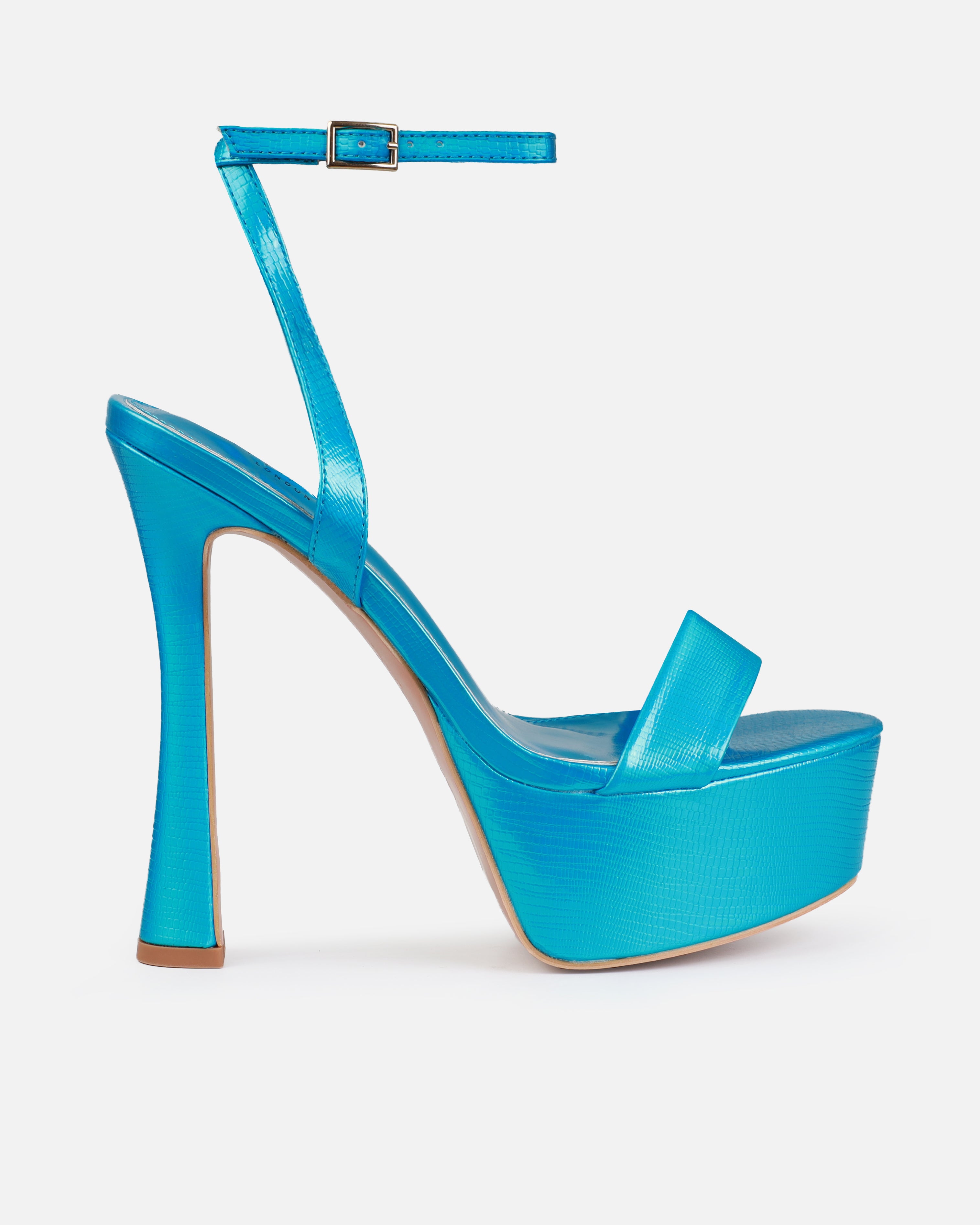 Nalini Blue Faux Lizard Print Platform Heels | SIMMI London
