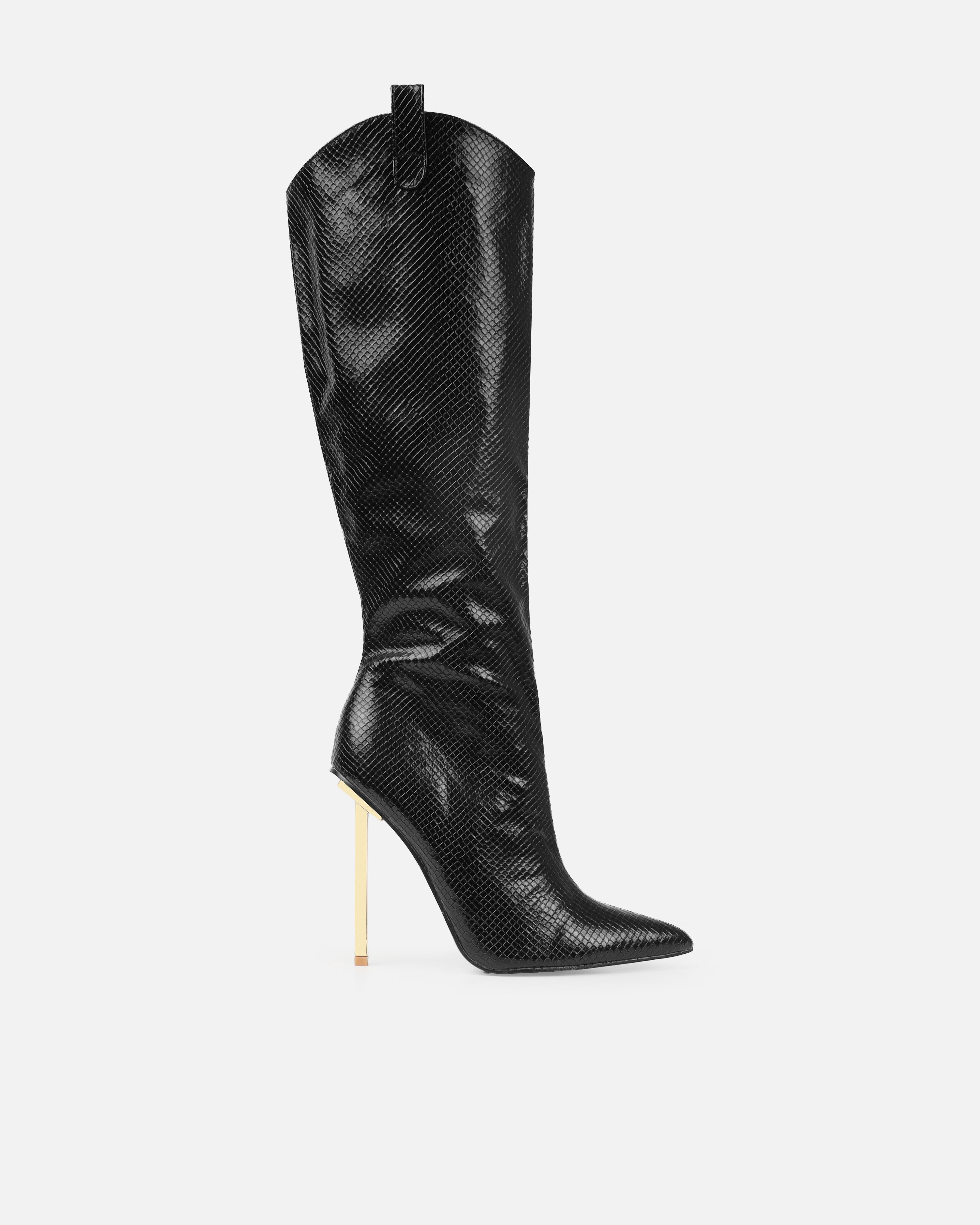 Nash Black Faux Snake Print Stiletto Knee High Boots | SIMMI London