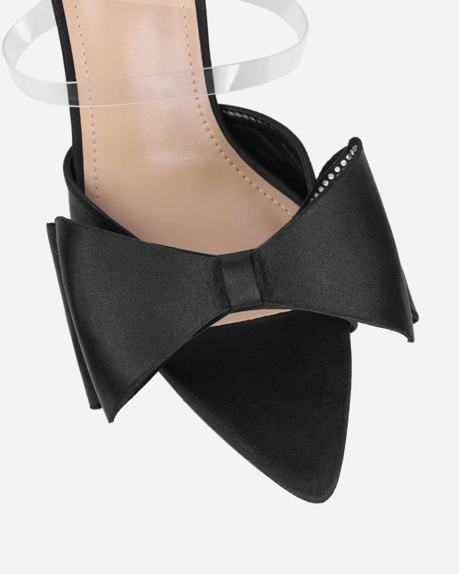 Navina Black Satin Diamante Bow Sandals | SIMMI London