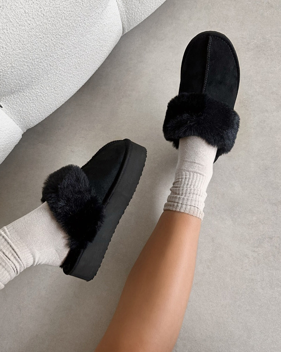 Navy Black Faux Suede Flatform Mules | SIMMI LONDON