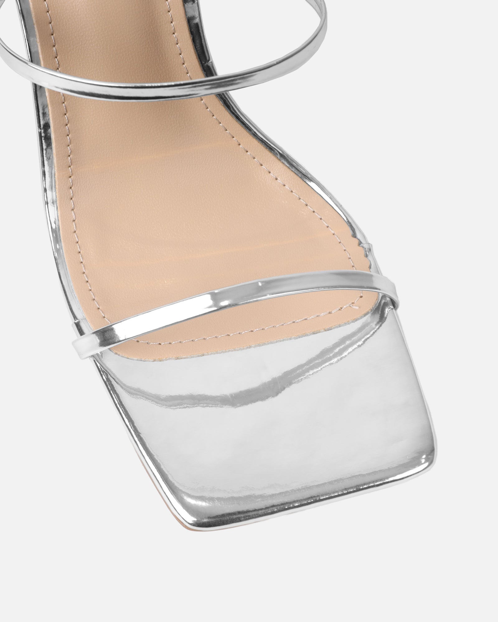 Nieve Silver Mirror Two Part Mid Heeled Sandals | SIMMI London