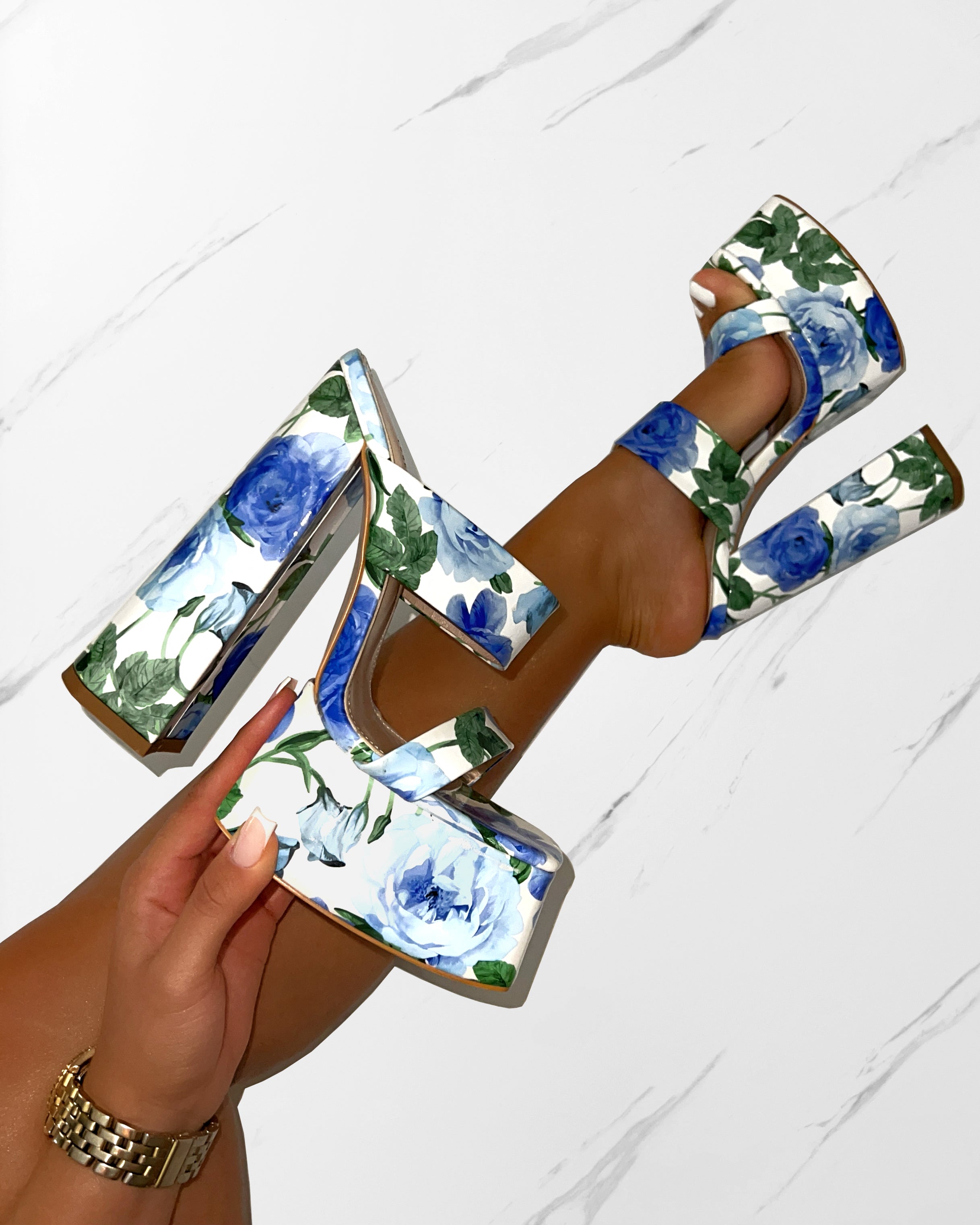 Nika Blue Floral Print Patent Platform Block Heel Mules | SIMMI London