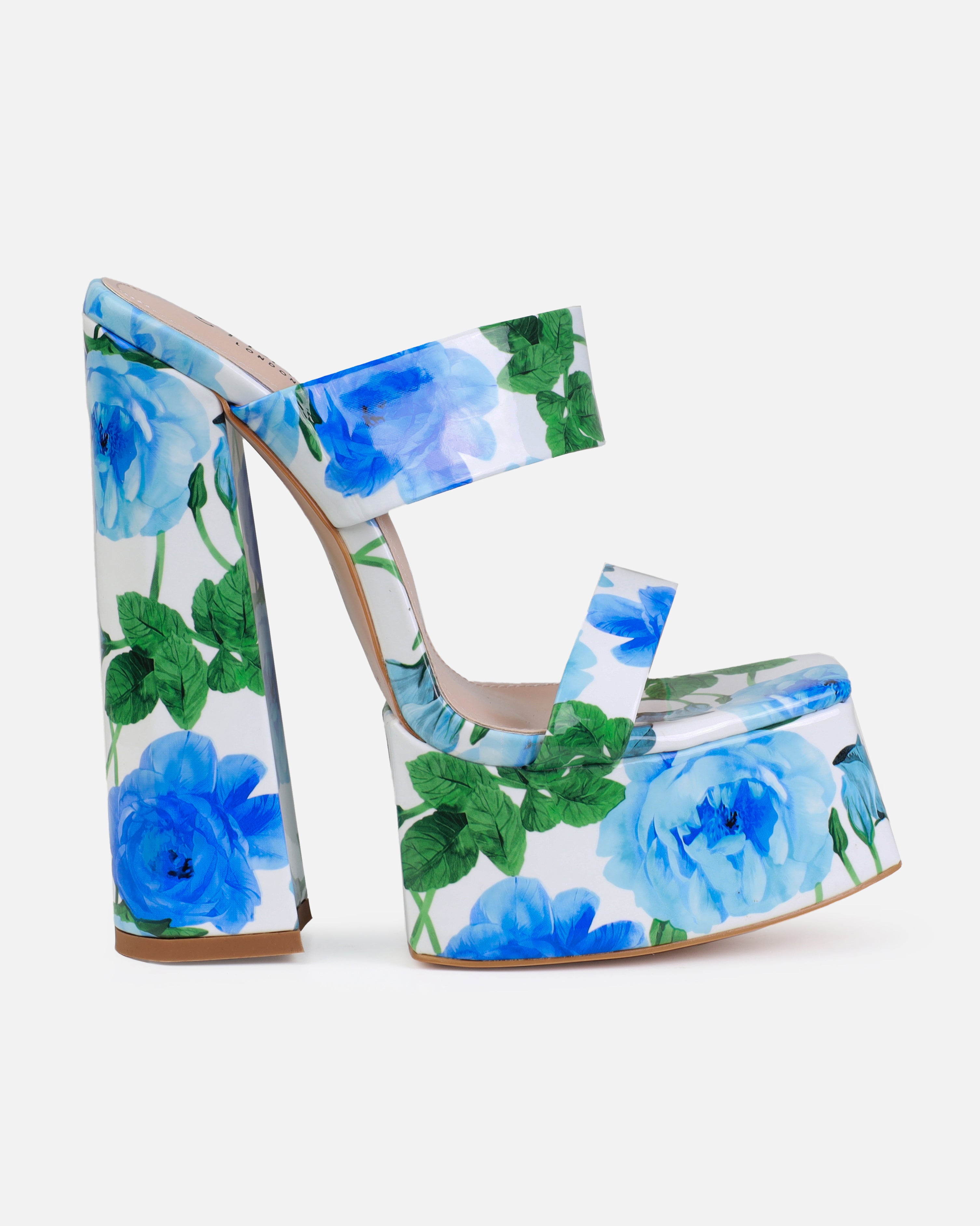 Nika Blue Floral Print Patent Platform Block Heel Mules | SIMMI London