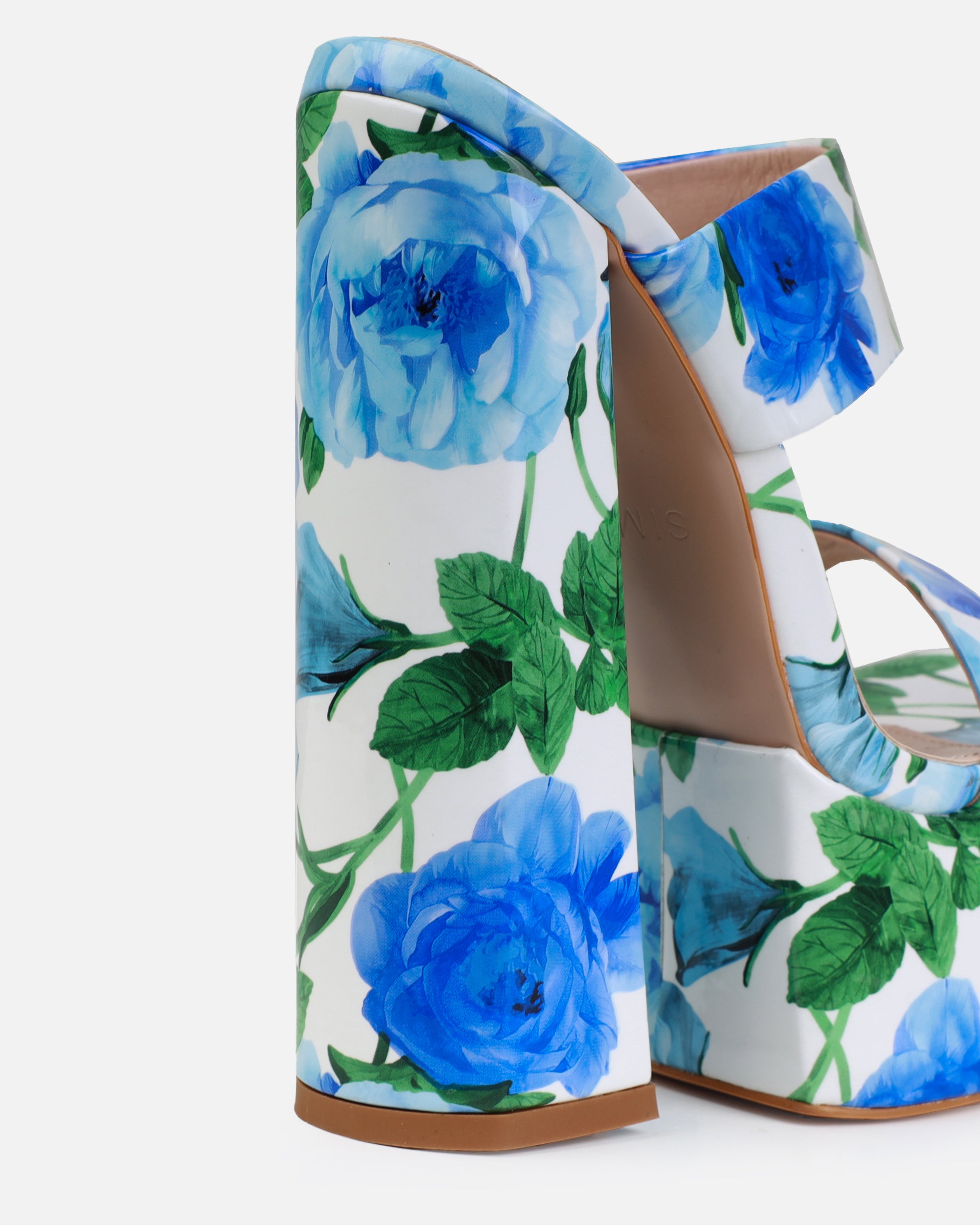 Nika Blue Floral Print Patent Platform Block Heel Mules | SIMMI London
