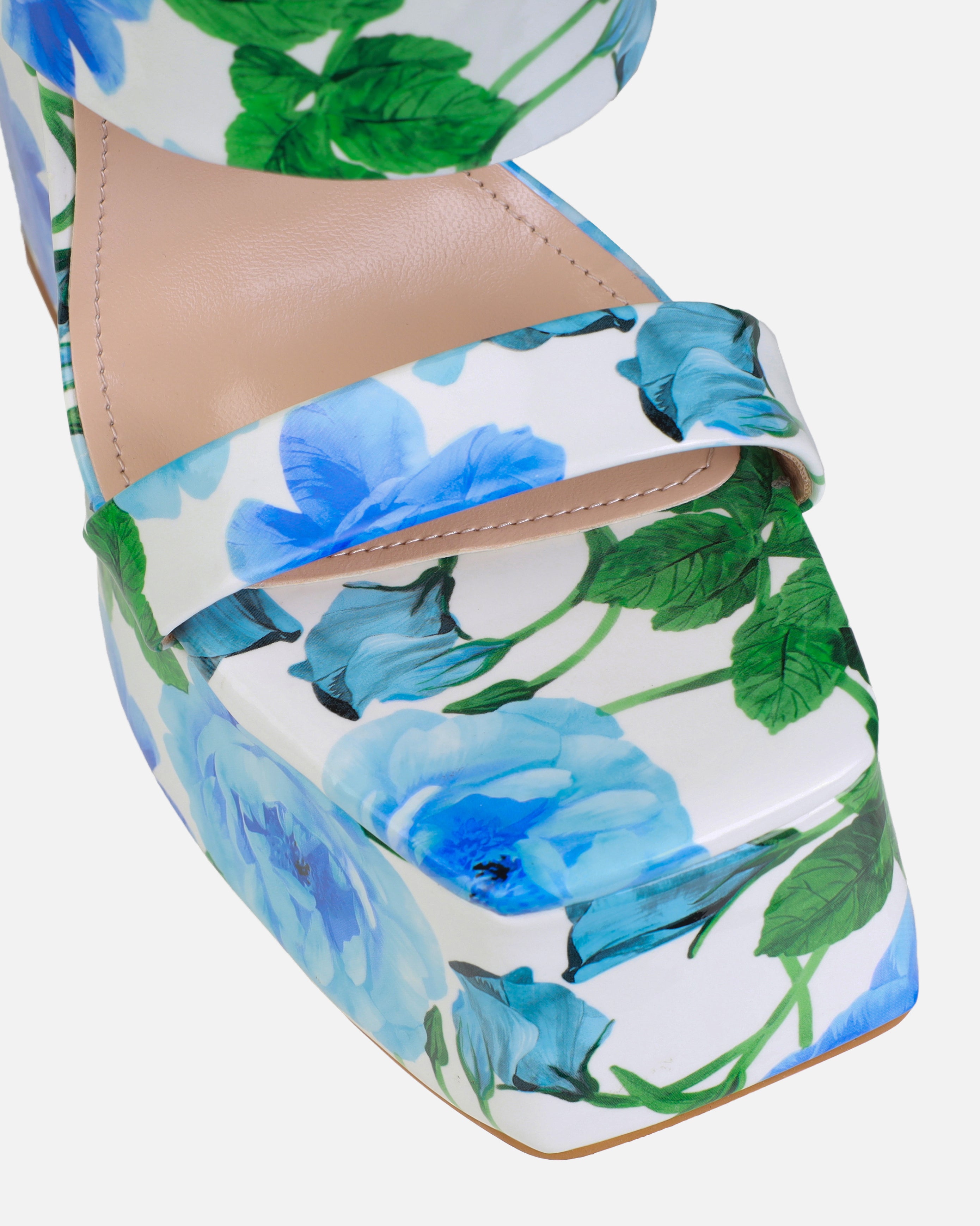 Nika Blue Floral Print Patent Platform Block Heel Mules | SIMMI London