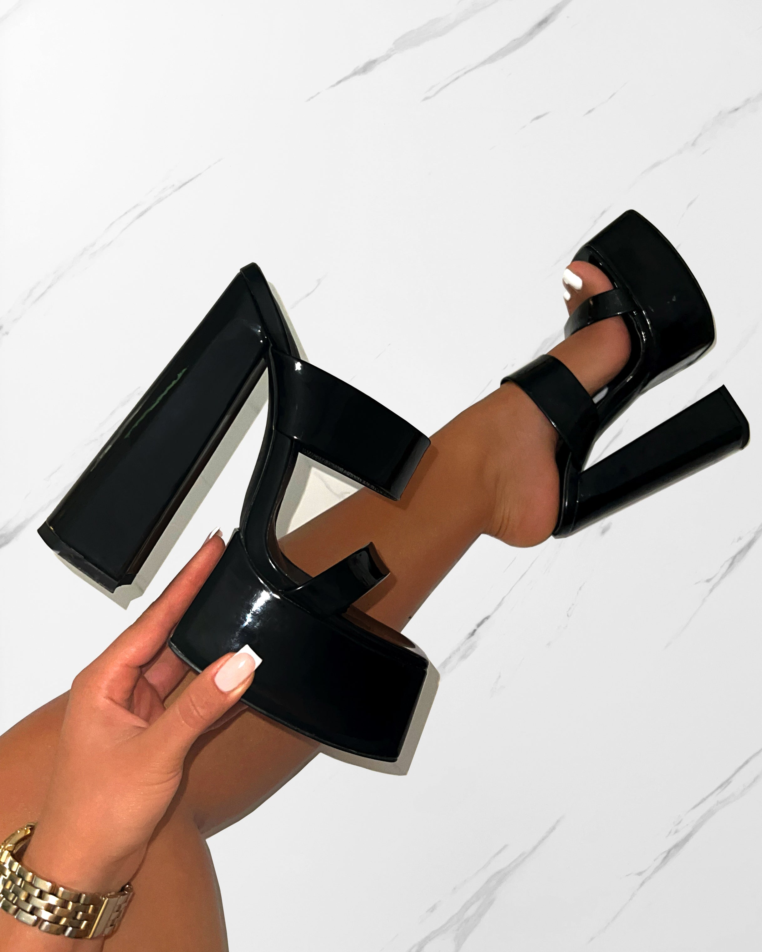 Nika Black Patent Platform Block Heel Mules | SIMMI London