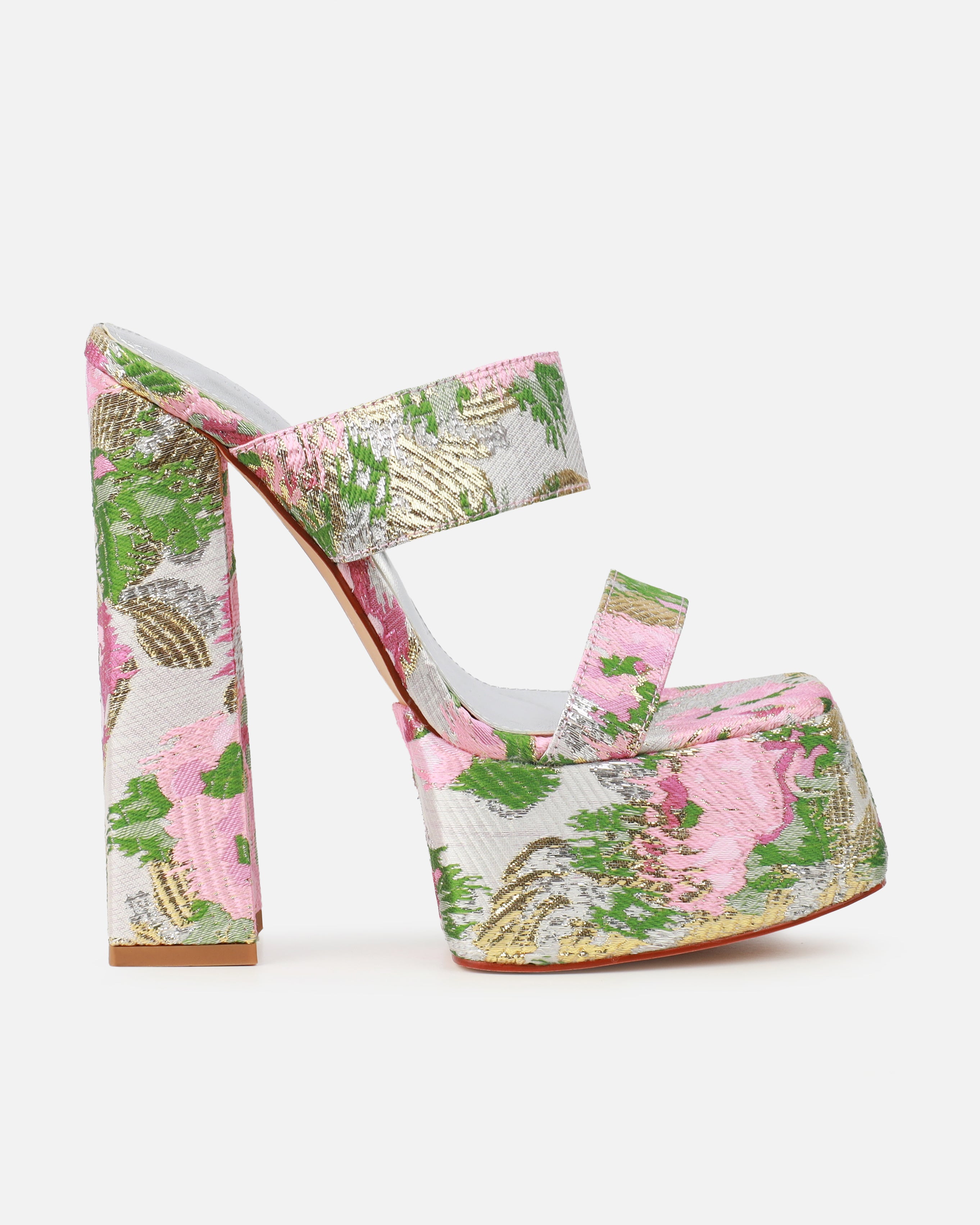 Freyja Pink Floral Jacquard Platform Heeled Sandals | SIMMI London