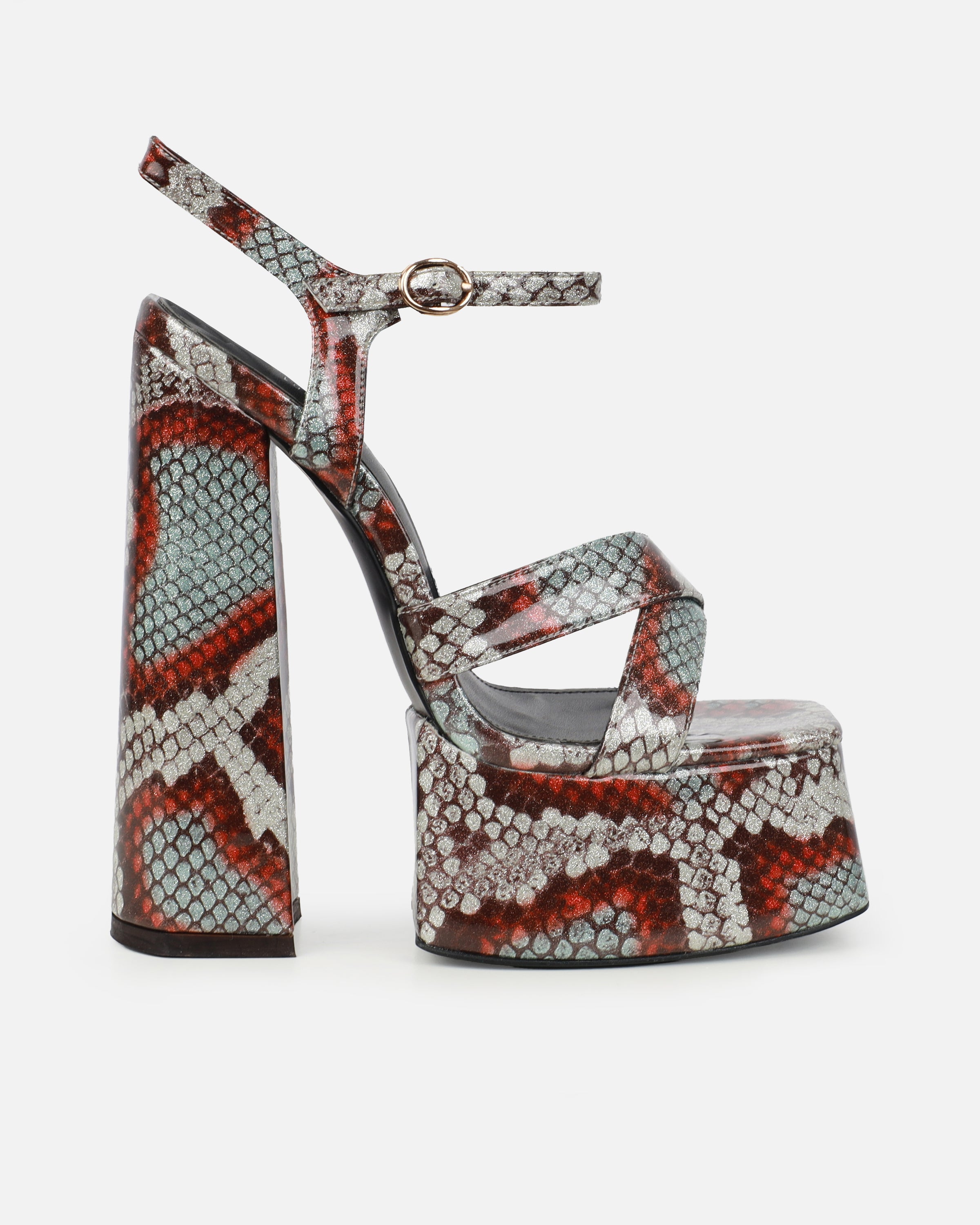 Novah Brown Glitter Faux Snake Platform Sandals | SIMMI London