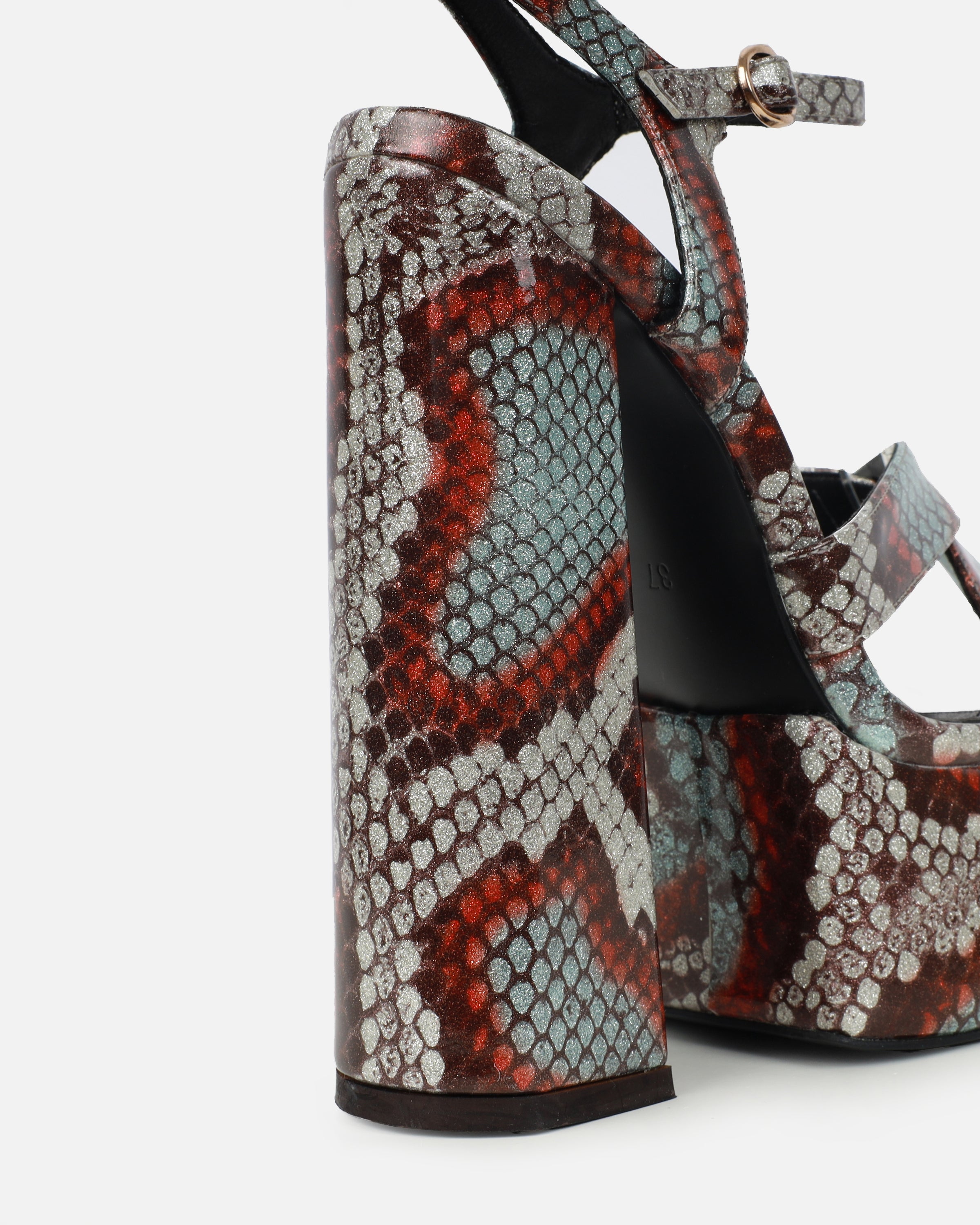 Novah Brown Glitter Faux Snake Platform Sandals | SIMMI London