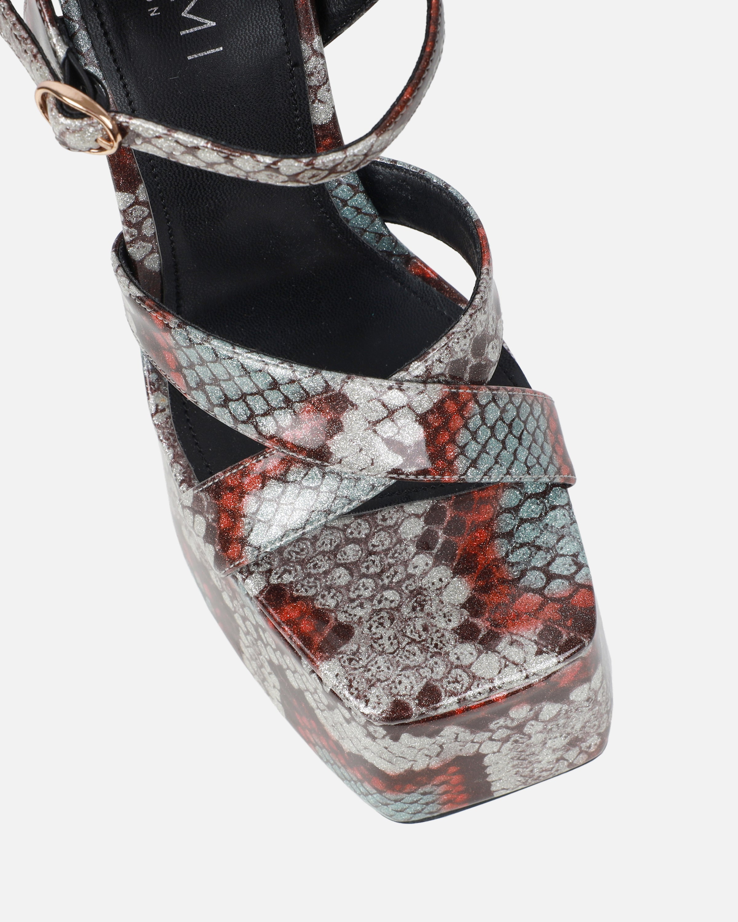 Novah Brown Glitter Faux Snake Platform Sandals | SIMMI London