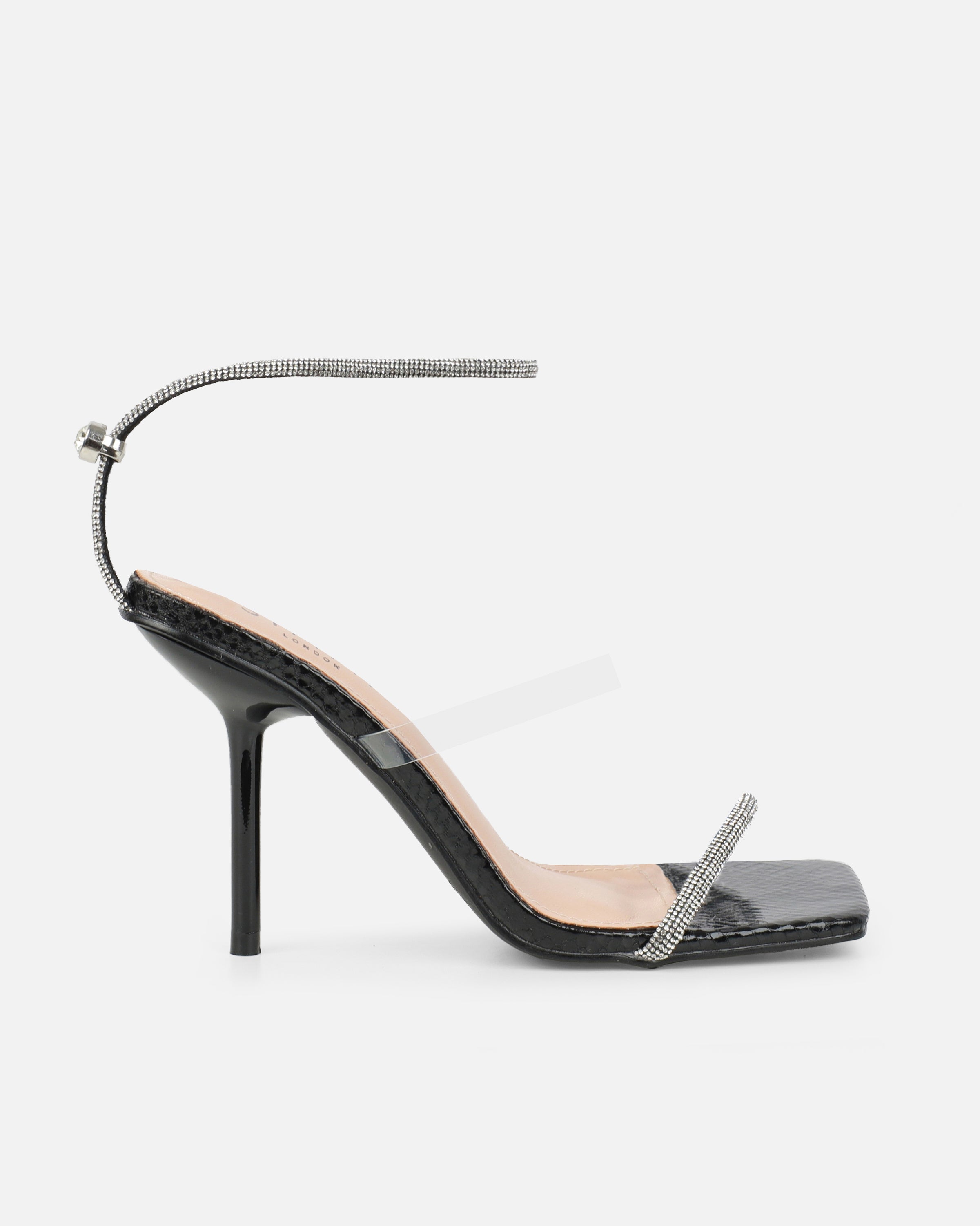 Zayla Clear Black Faux Snake Stiletto Heeled Sandals | SIMMI London