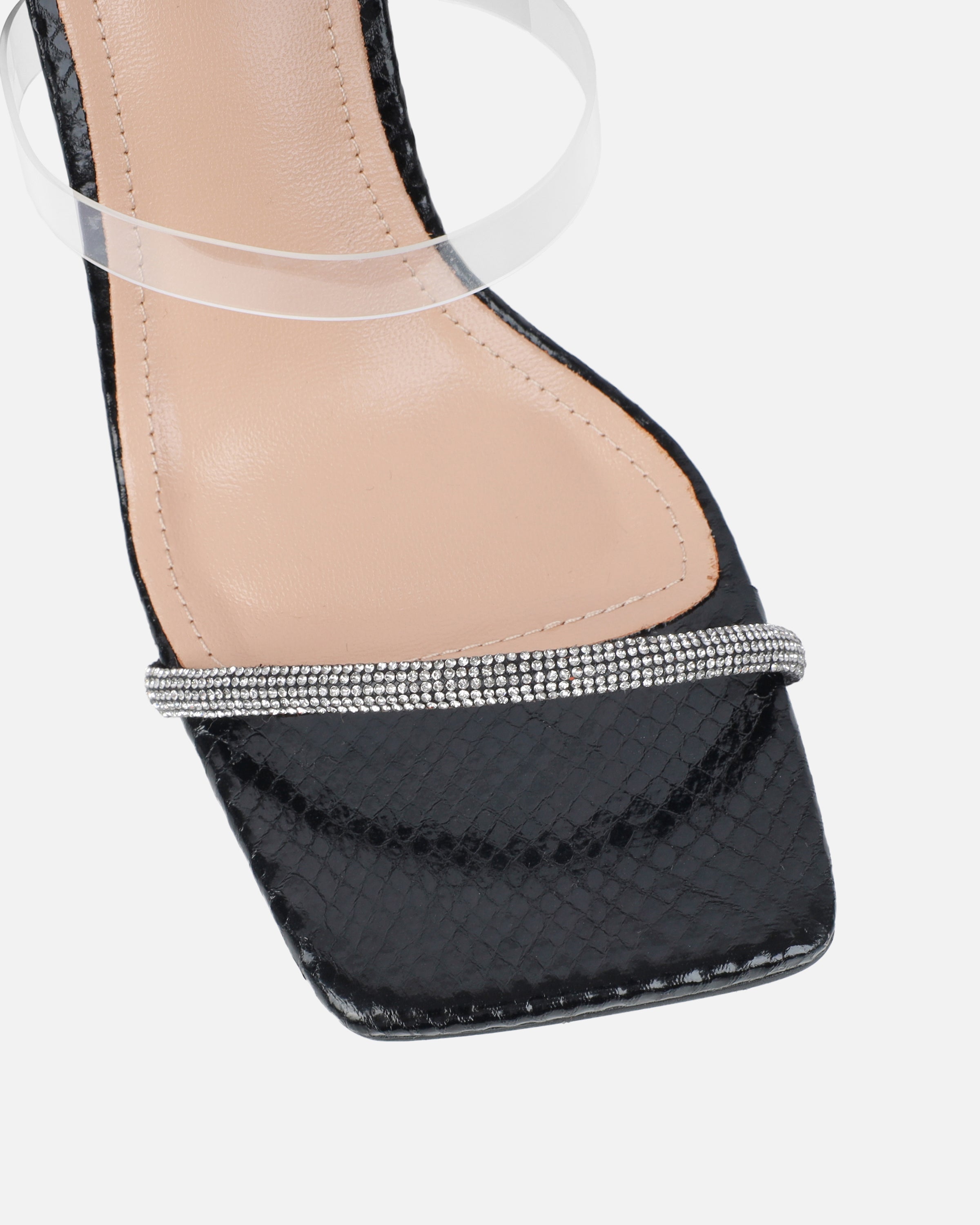 Zayla Clear Black Faux Snake Stiletto Heeled Sandals | SIMMI London