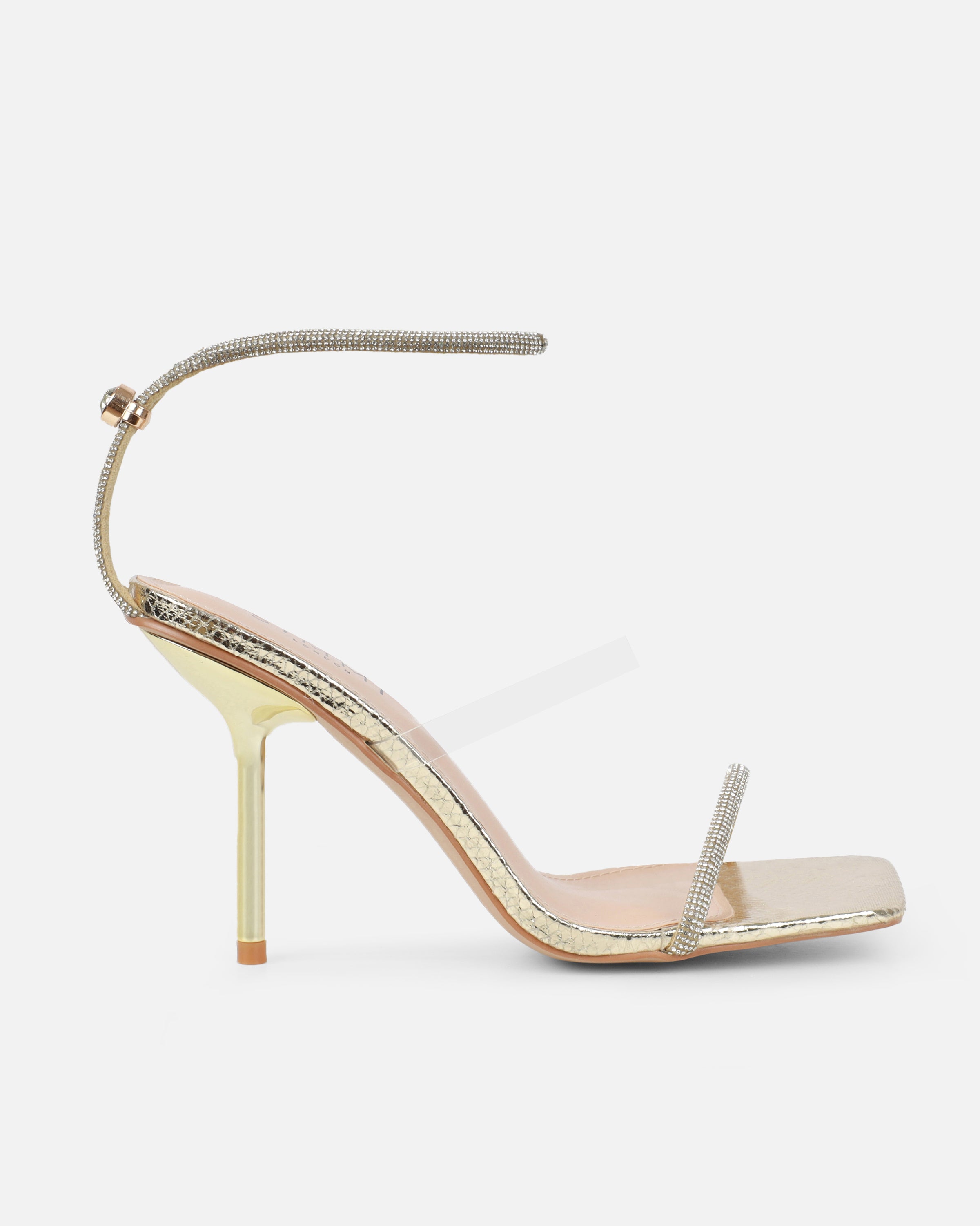 Zayla clear gold snake stiletto heeled sandals | SIMMI London