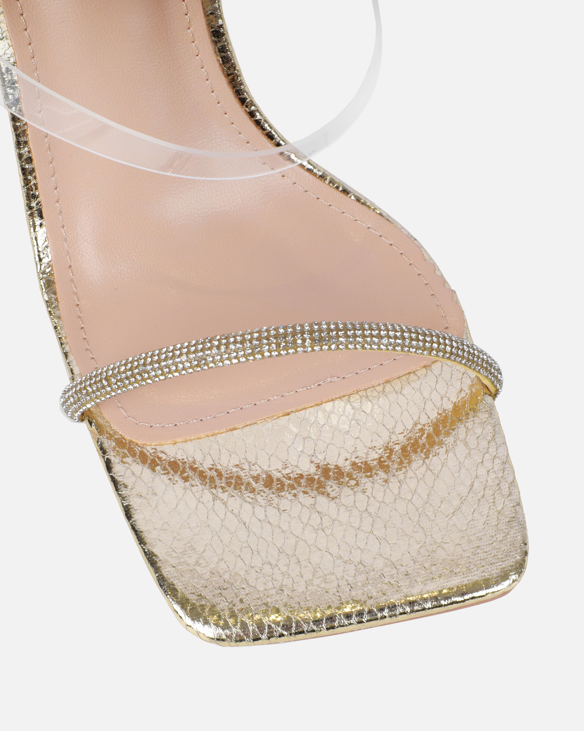 Zayla clear gold snake stiletto heeled sandals | SIMMI London