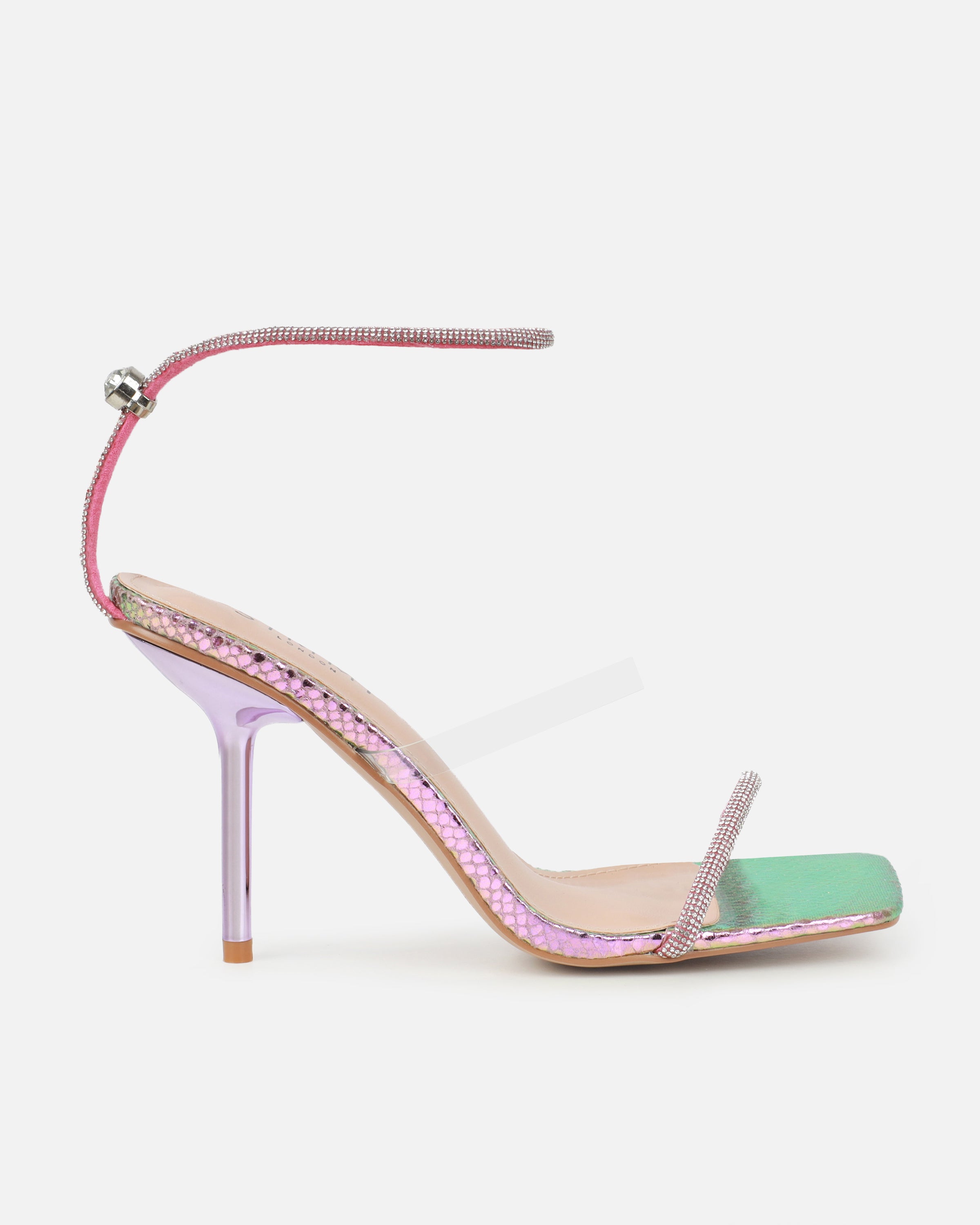 Zayla Clear Pink And Green Iridescent Snake Stiletto Heeled Sandals | SIMMI London