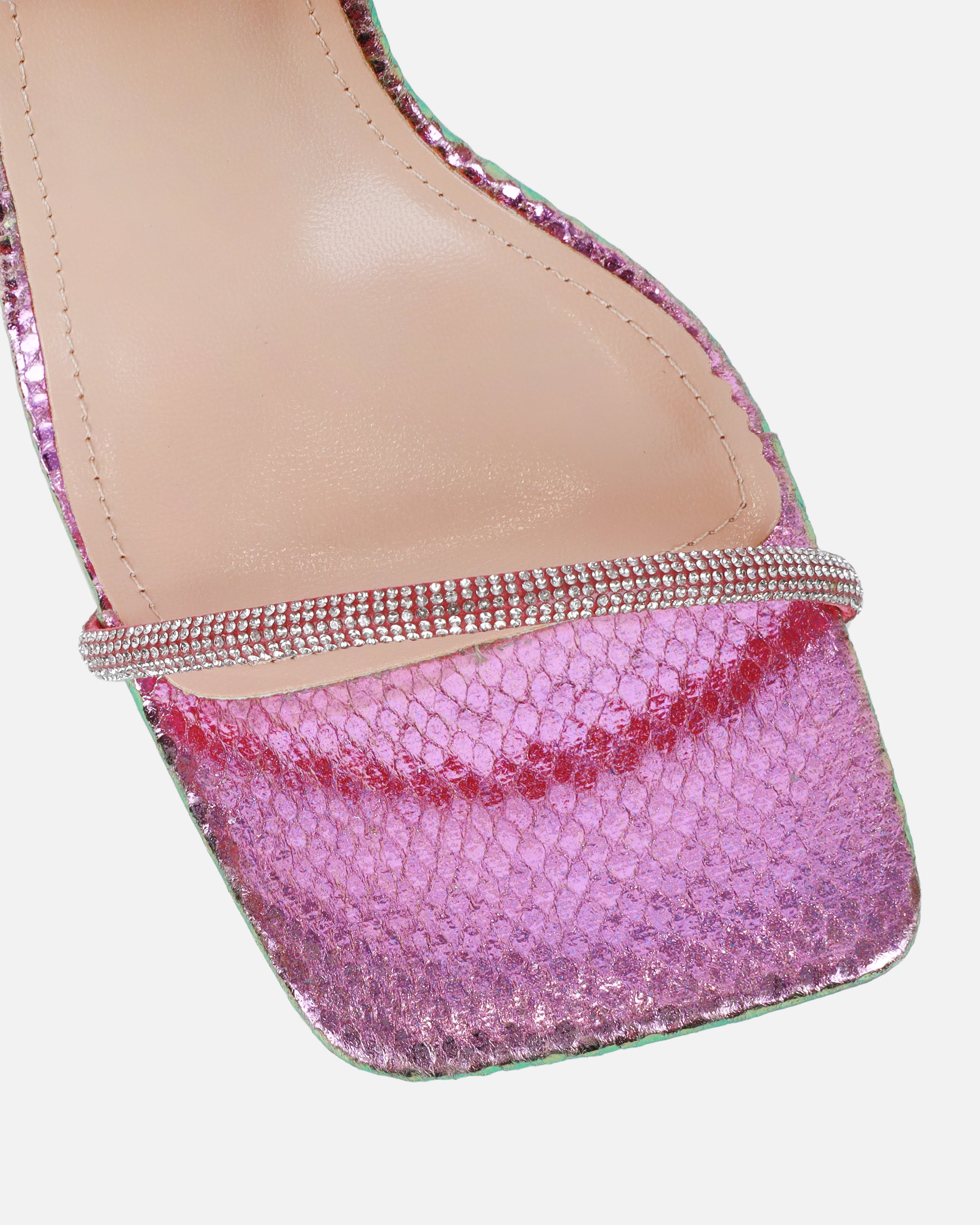 Zayla Clear Pink And Green Iridescent Snake Stiletto Heeled Sandals | SIMMI London