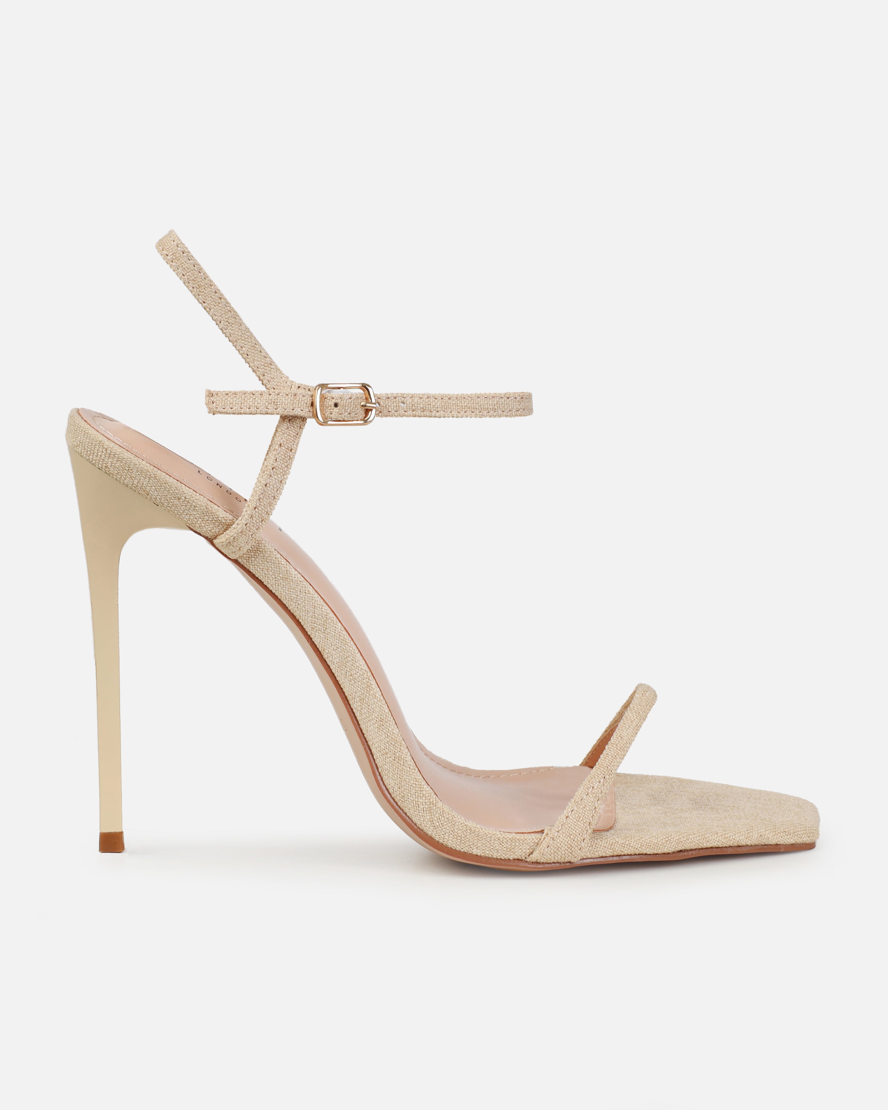 Nolan Beige Linen Strappy Square Toe Stiletto Heels | SIMMI London